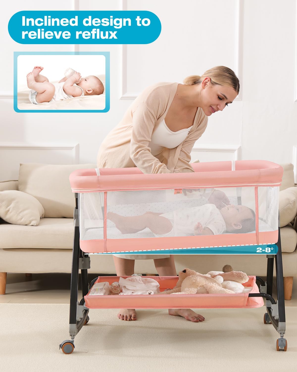 Alternative view of Bedside Bassinet for Baby, 3 in 1 Breathable Mesh Baby Bassinet, 6 Height Adjustable, Easy to Assemble, Bassinet Bedside Sleeper with Wheels, Mosquito Net, Storage Basket, Bassinets for Newborn Baby | Multi-functional