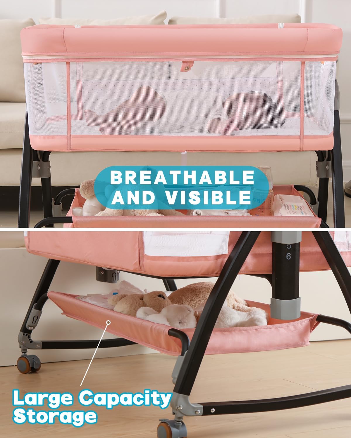 Bedside Bassinet for Baby, 3 in 1 Breathable Mesh Baby Bassinet, 6 Height Adjustable, Easy to Assemble, Bassinet Bedside Sleeper with Wheels, Mosquito Net, Storage Basket, Bassinets for Newborn Baby | Multi-functional - Image 4