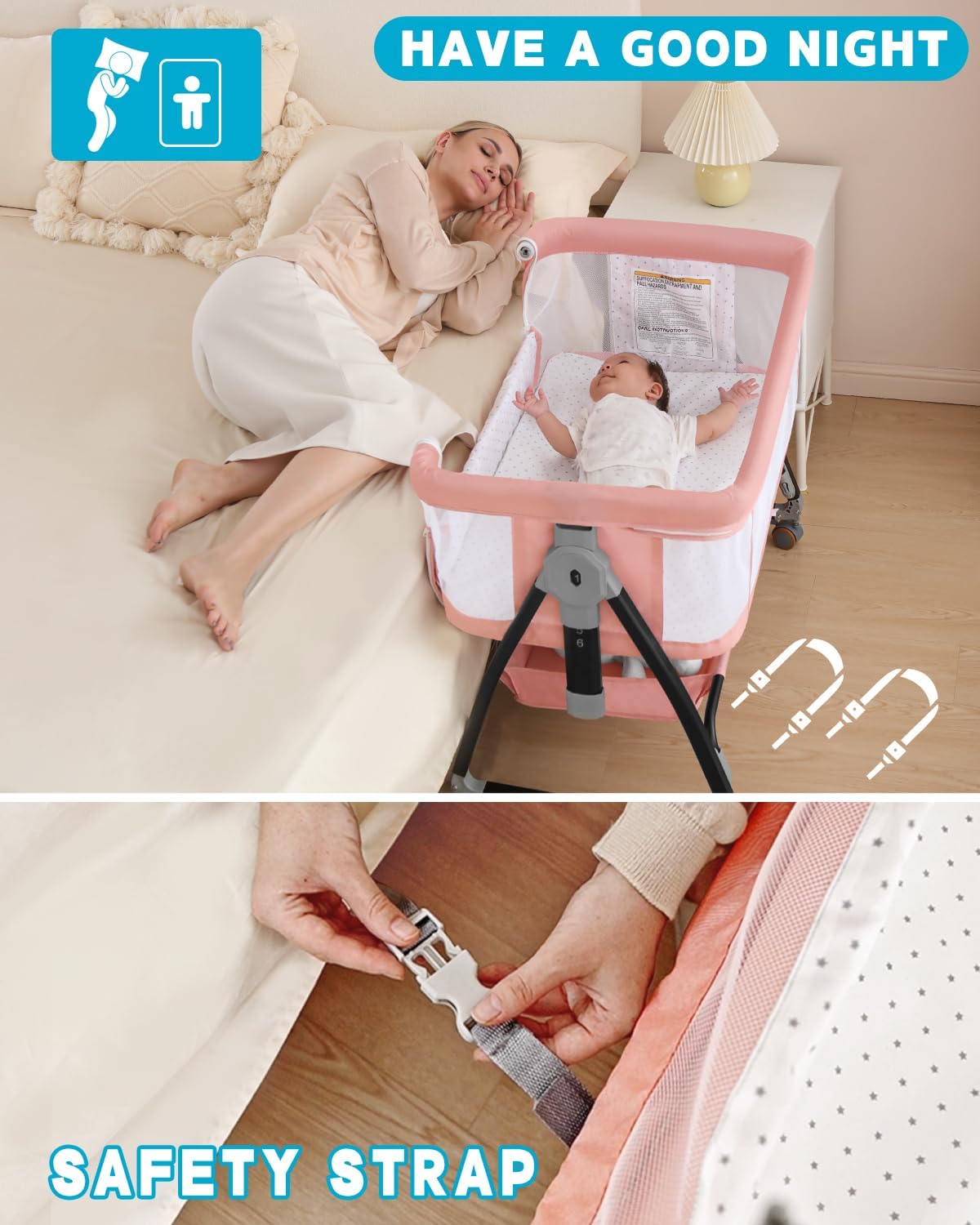 Bedside Bassinet for Baby, 3 in 1 Breathable Mesh Baby Bassinet, 6 Height Adjustable, Easy to Assemble, Bassinet Bedside Sleeper with Wheels, Mosquito Net, Storage Basket, Bassinets for Newborn Baby | Multi-functional - Image 5