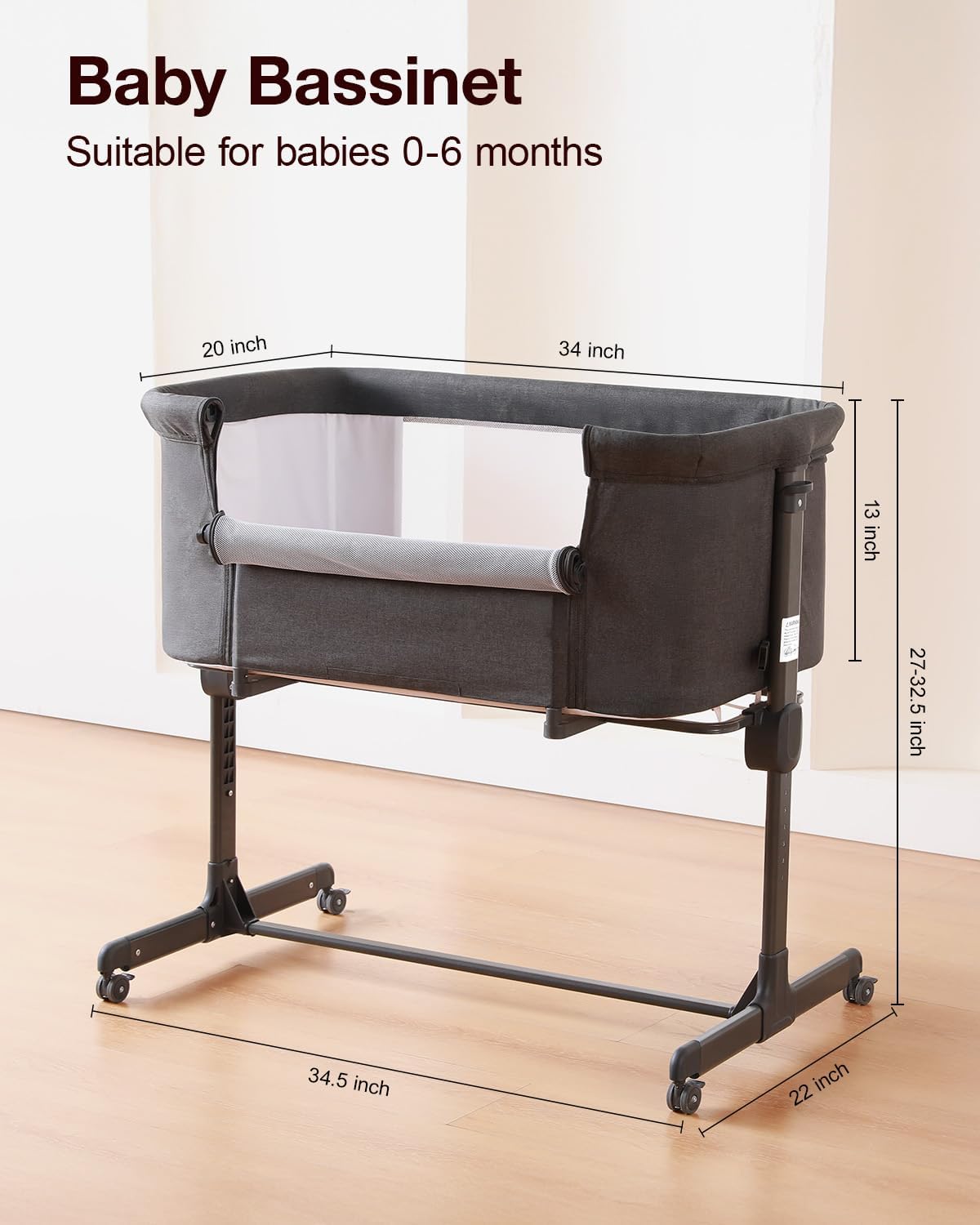 Larex Baby Bassinet, 3 in 1 Bassinets Bedside Sleeper Crib Sleeper for Newborn, Portable Crib Adjustable 7 Height Bedside Bassinet with Mattress and Movable Wheels，Breathable Mattress&Mesh(Dark Grey)