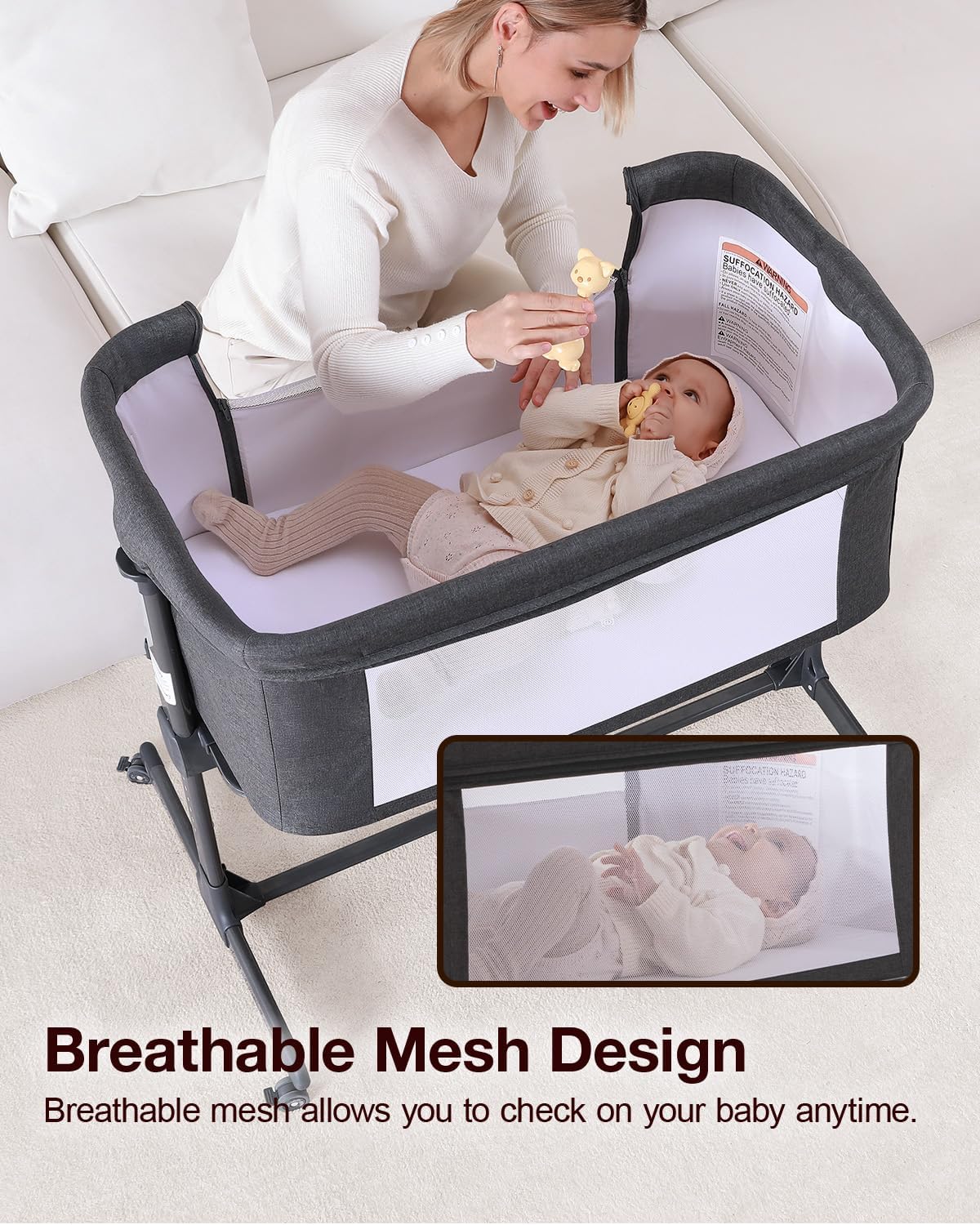 Alternative view of Larex Baby Bassinet, 3 in 1 Bassinets Bedside Sleeper Crib Sleeper for Newborn, Portable Crib Adjustable 7 Height Bedside Bassinet with Mattress and Movable Wheels，Breathable Mattress&Mesh(Dark Grey)