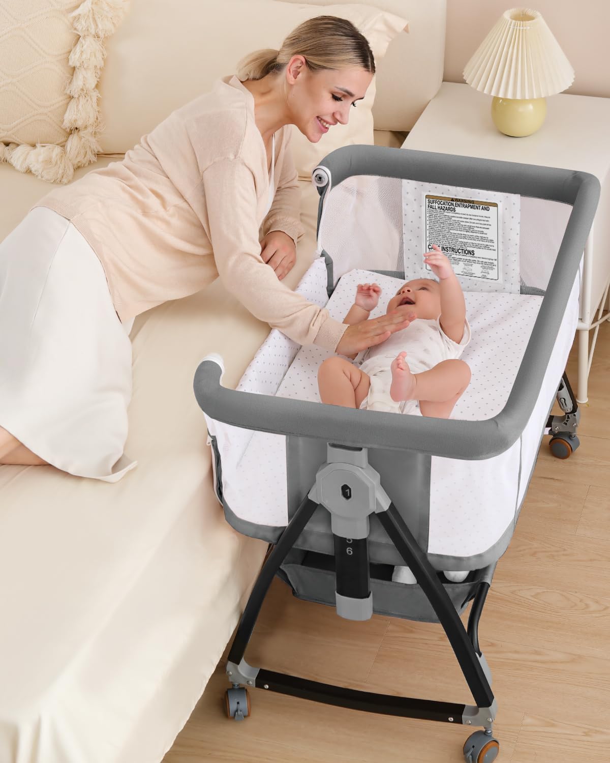 Bedside Bassinet for Baby, 3 in 1 Breathable Mesh Baby Bassinet, 6 Height Adjustable, Easy to Assemble, Bassinet Bedside Sleeper with Wheels, Mosquito Net, Storage Basket, Bassinets for Newborn Baby | Multi-functional - Image 9