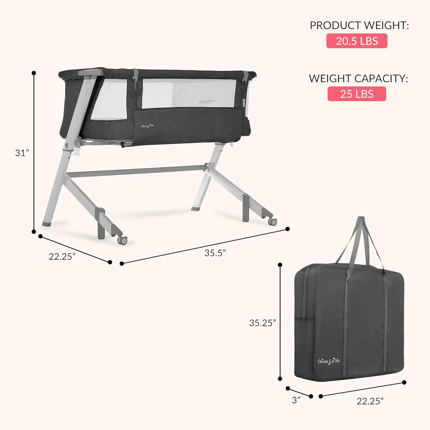 Alternative view of Dream On Me Skylar Bassinet and Beside Sleeper in Black, Lightweight and Portable Baby Bassinet, Five Position Adjustable Height, Easy to Fold and Carry Travel Bassinet, JPMA Certified