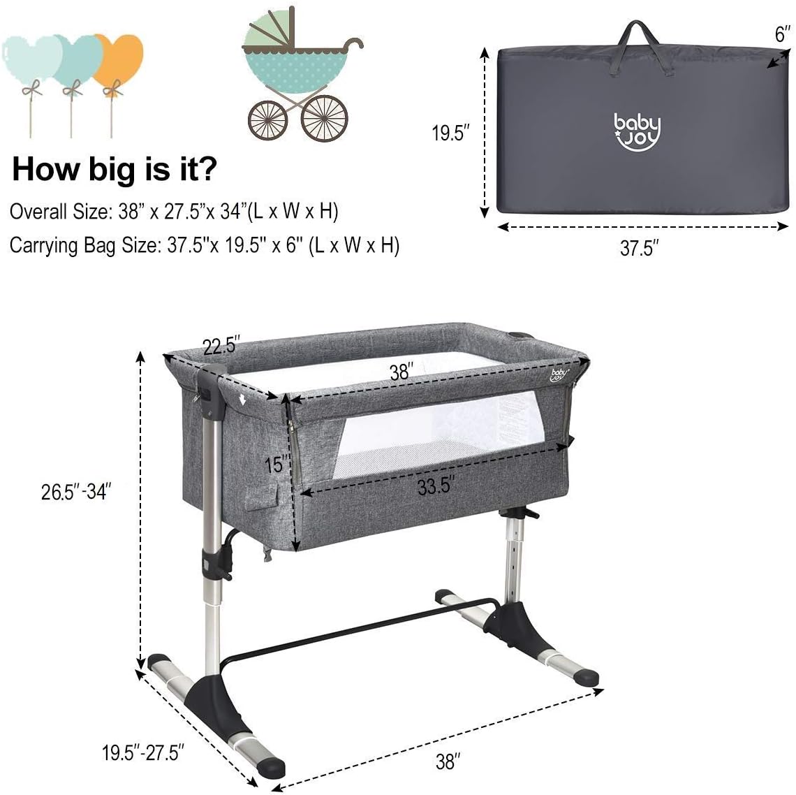 BABY JOY Baby Bedside Crib, Portable Travel Sleeper Bed Side Bassinet w/Carrying Bag, Newborn Bassinet to Infant, Kids Crib with Detachable Mattress, Height Adjustable Design, Breathable Mesh, Grey