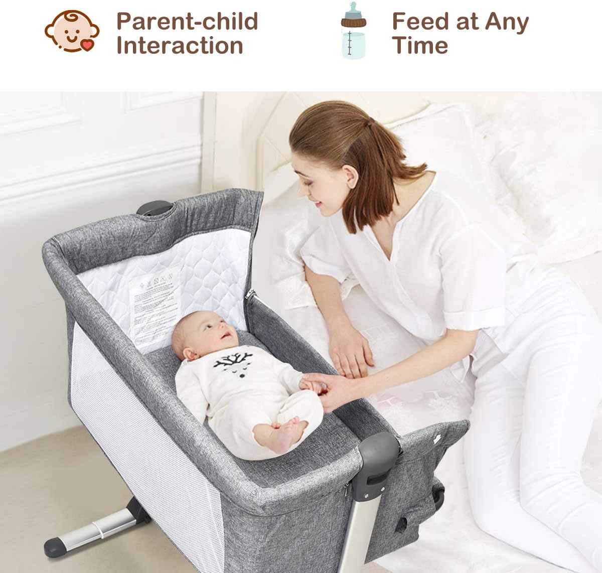 Alternative view of BABY JOY Baby Bedside Crib, Portable Travel Sleeper Bed Side Bassinet w/Carrying Bag, Newborn Bassinet to Infant, Kids Crib with Detachable Mattress, Height Adjustable Design, Breathable Mesh, Grey