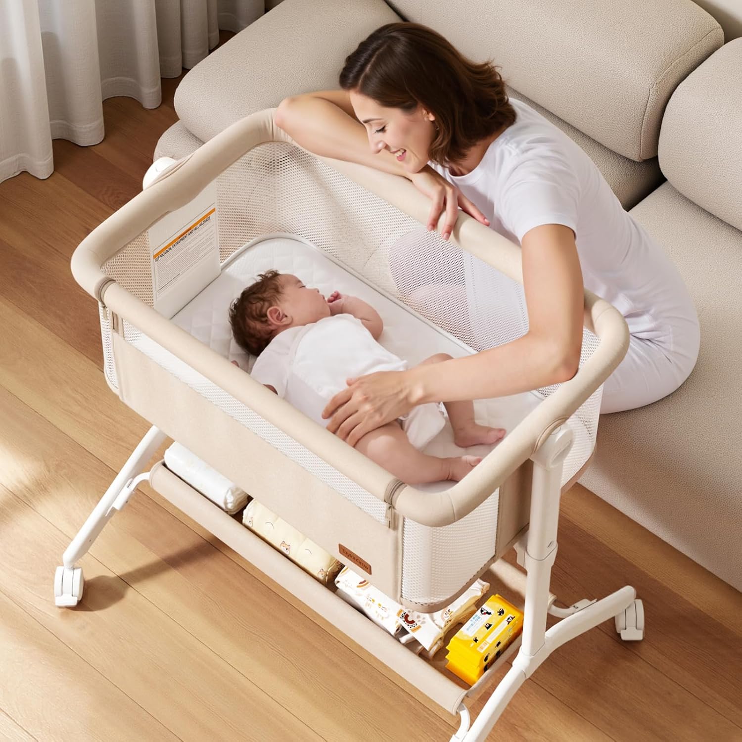 Taylengrow Baby Bassinet Bedside Sleeper - All-Mesh Design, Portable Bedside Bassinet for Baby with Washable Mattress, 5 Adjustable Heights（Beige）