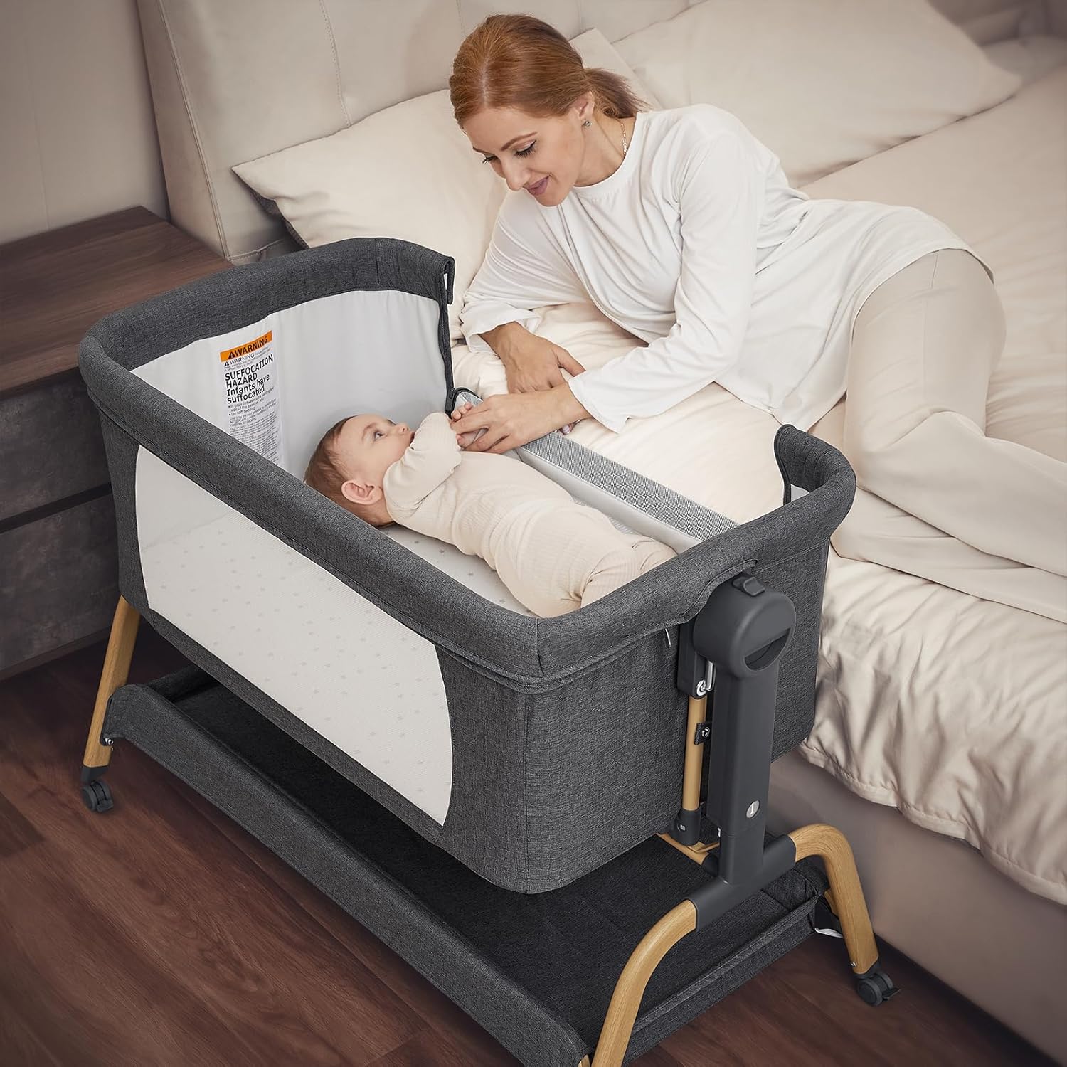 ANGELBLISS 3 in 1 Baby Bassinet, Rocking Bassinets Bedside Sleeper with Comfy Mattress and Wheels, 6 Height Adjustable Easy Folding Portable Bedside Crib for Newborn Infant (Dark Grey)