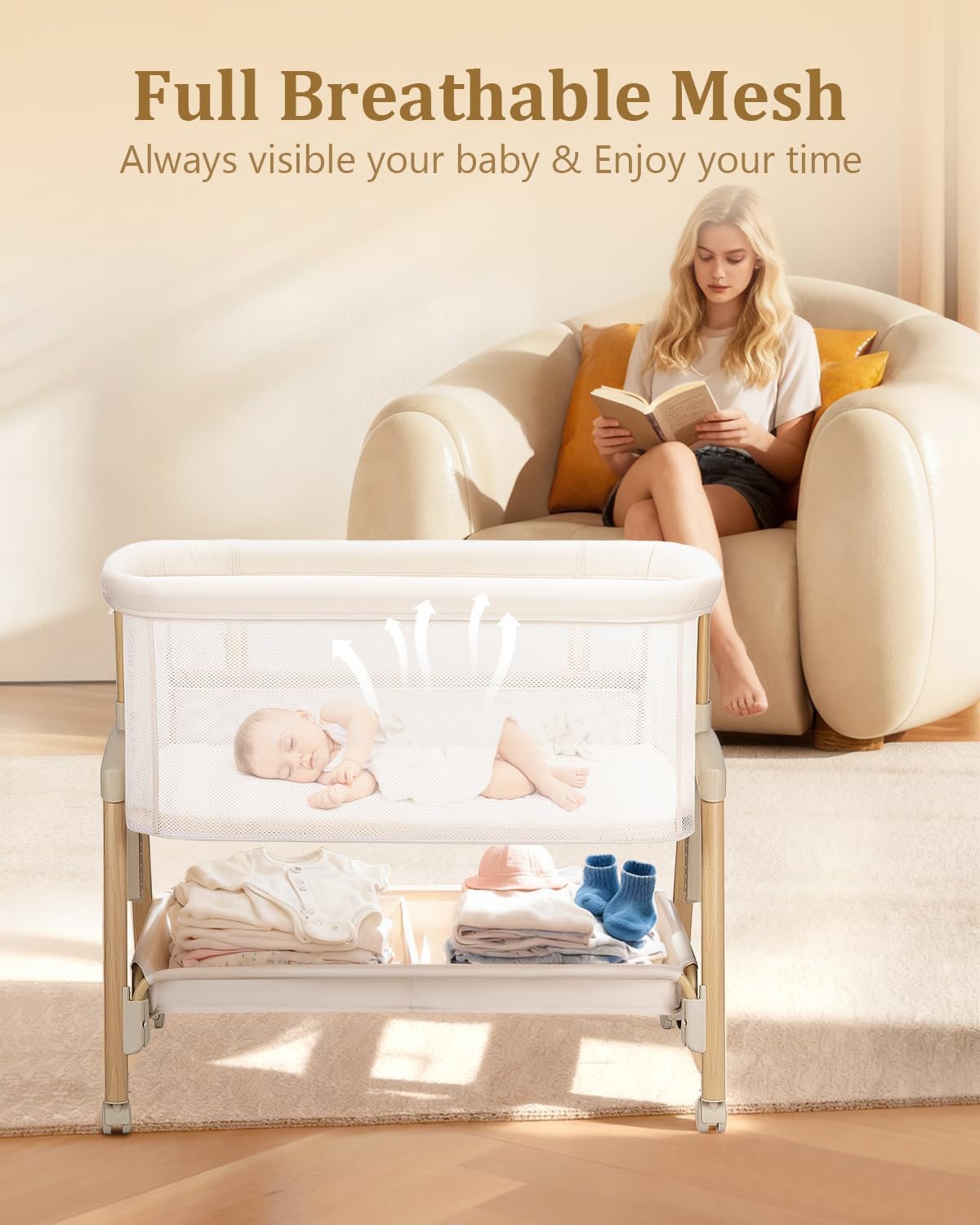 Alternative view of 3 in 1 Baby Bassinet with Wheels, Bedside Bassinet Sleeper for Newborn, Portable Baby Crib with 7 Adjustable Height & Large Storage Basket & Full-Mesh, Easy Folding Baby Bed for Infant (Beige)