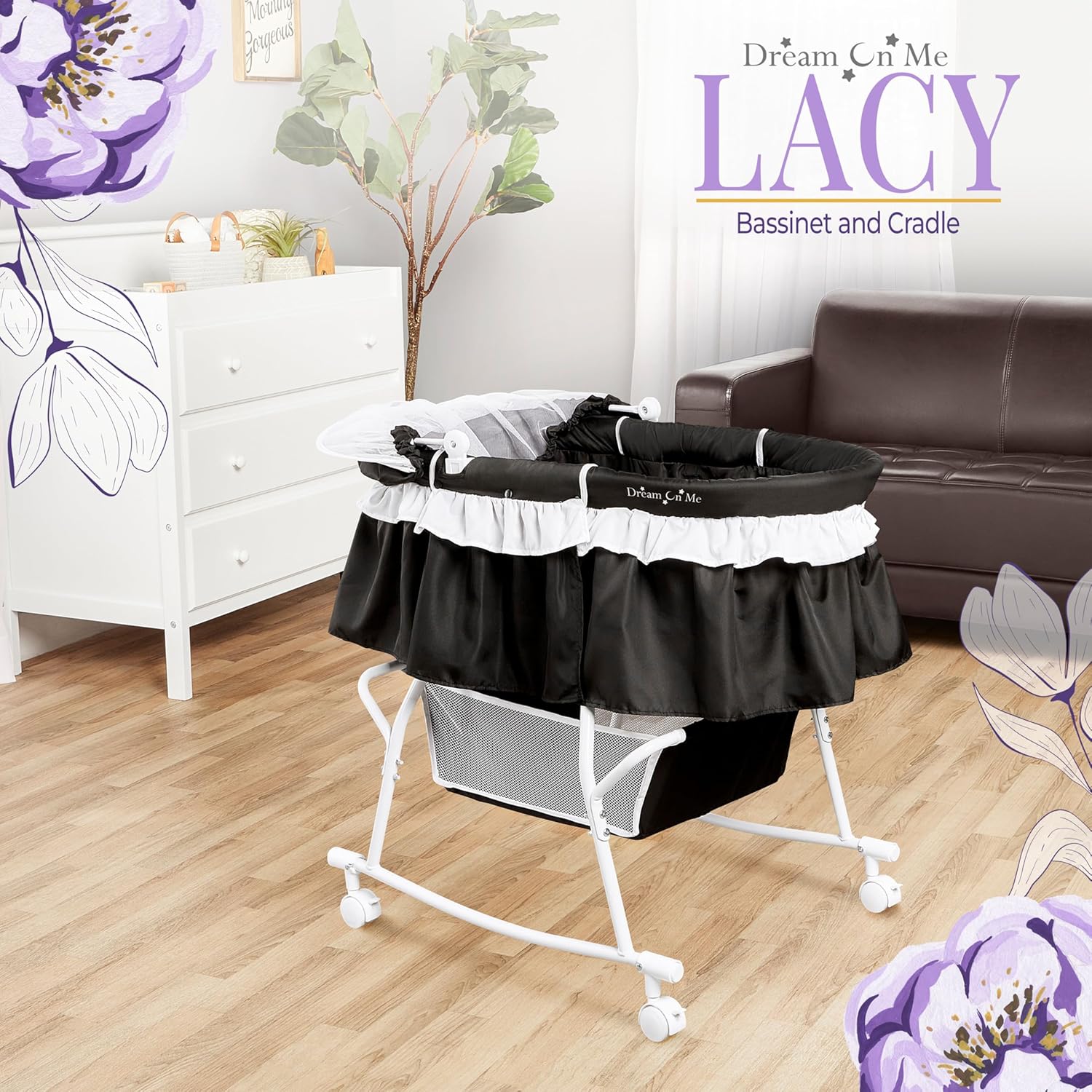 Dream On Me Lacy Portable 2-in-1 Bassinet & Cradle with Full Canopy, Storage Basket, Locking Wheels, Lightweight Frame, JPMA & BSA Certified, Includes 1u201D Mattress Pad - Black