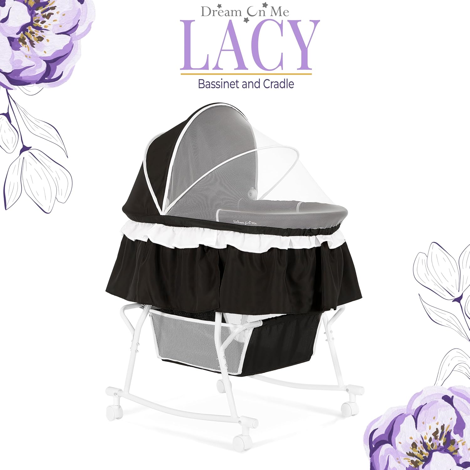 Alternative view of Dream On Me Lacy Portable 2-in-1 Bassinet & Cradle with Full Canopy, Storage Basket, Locking Wheels, Lightweight Frame, JPMA & BSA Certified, Includes 1u201D Mattress Pad - Black