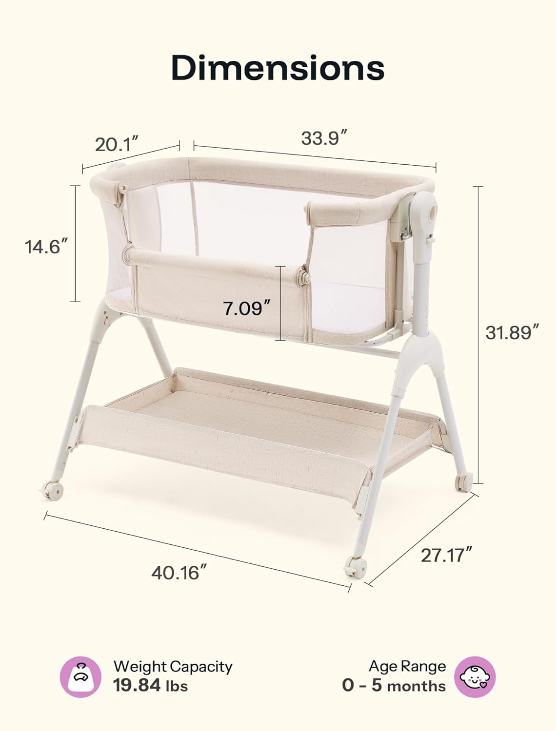 HARPPA Cuddly Baby Bassinet Bedside Sleeper, 3 in 1 Rocking Bassinet with Mattress and Soft Cover, Full Mesh Sides, 5 Height Adjustable with Wheels for Newborns, Beige