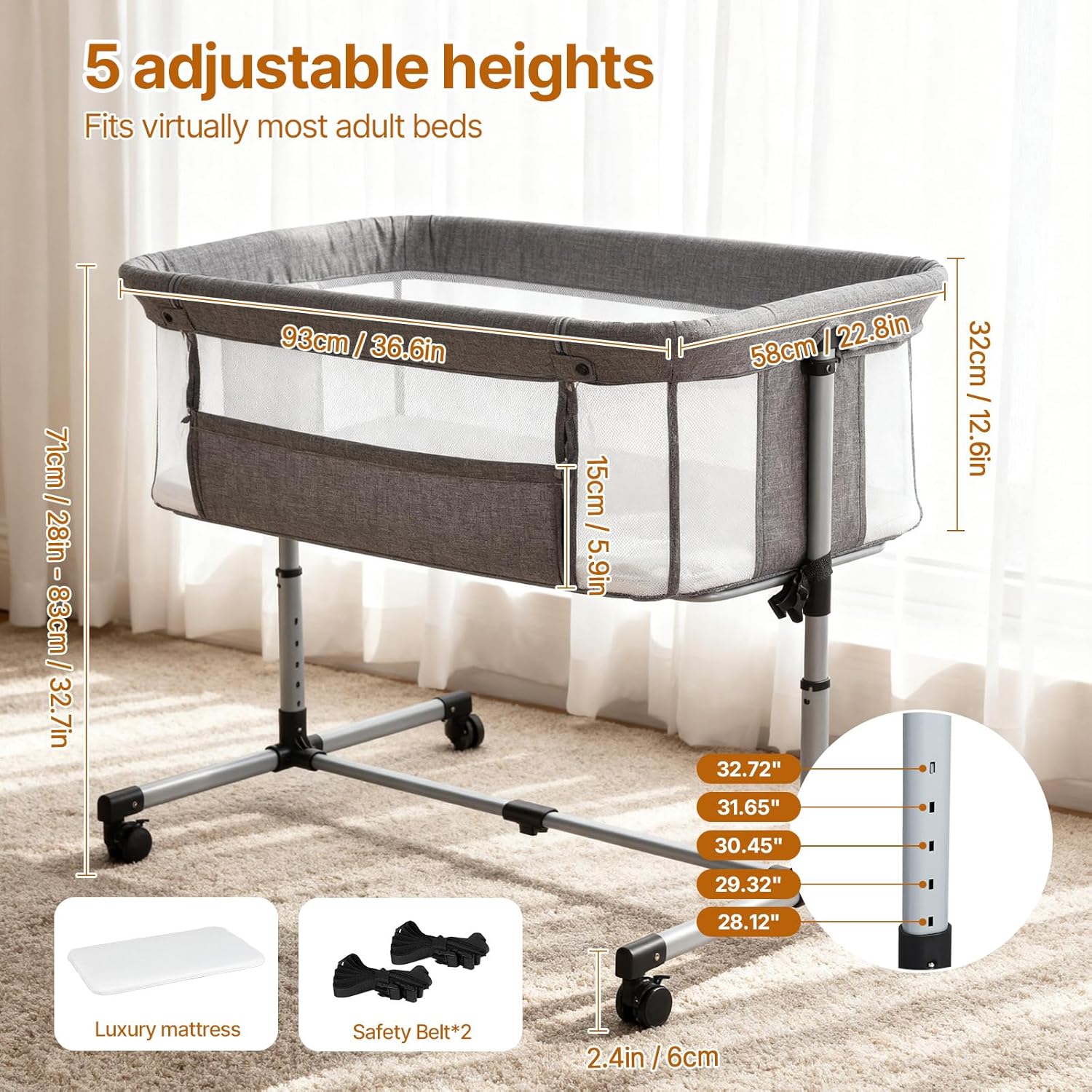 Cheermomo Bassinet Bedside Sleeper with Wheels, 5 Height Adjustable Baby Crib, 2-in-1 Baby Bedside Bassinet, Breathable Full Mesh & Mattress, Stable and Secure Bed for Newborn Infant (Basic Grey)