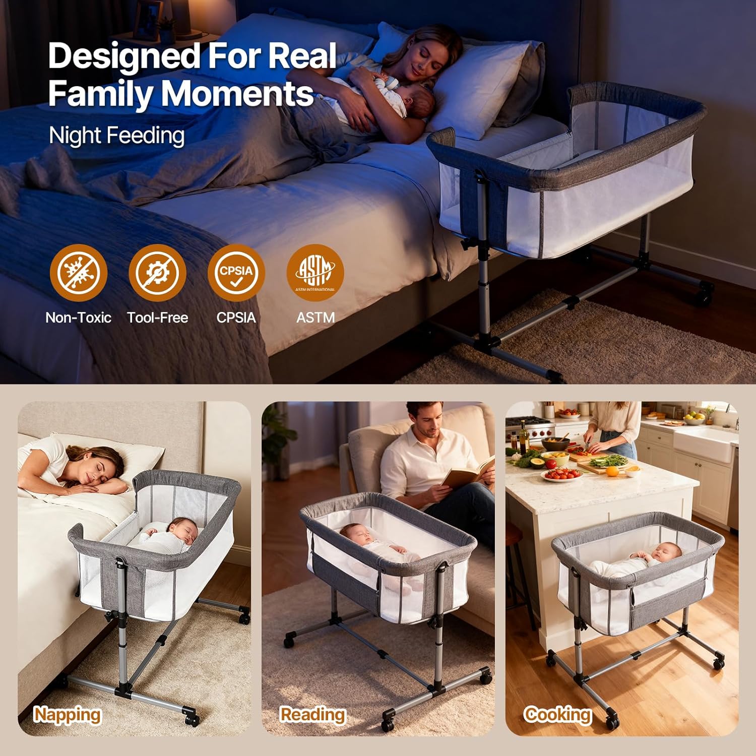 Alternative view of Cheermomo Bassinet Bedside Sleeper with Wheels, 5 Height Adjustable Baby Crib, 2-in-1 Baby Bedside Bassinet, Breathable Full Mesh & Mattress, Stable and Secure Bed for Newborn Infant (Basic Grey)