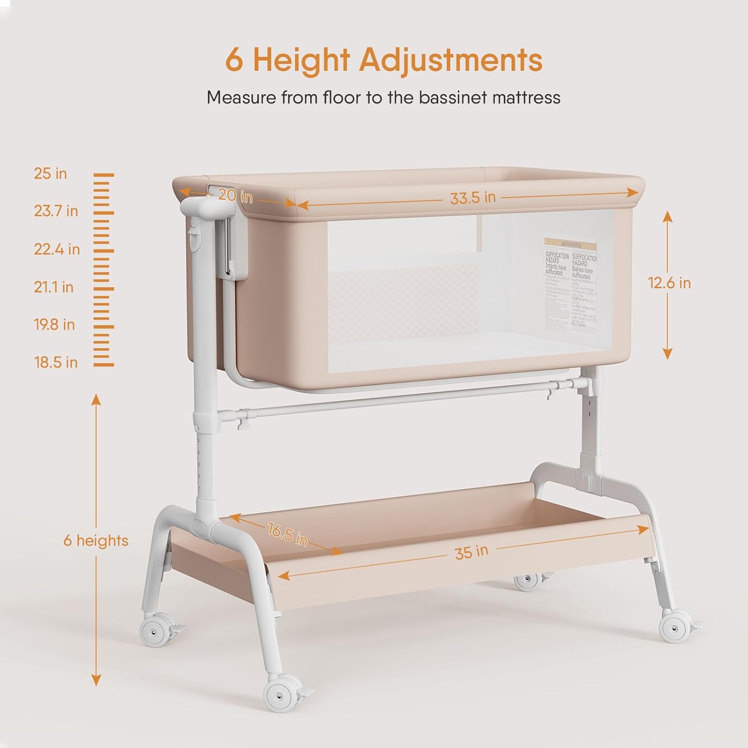 3-in-1 Baby Bassinet, Rocking Bassinet, Bedside Bassinet for Baby, Stable and Secure Bassinet Bedside Sleeper for Newborn & Infant, 6 Height Adjustable with Wheels, Mattress & Breathable Mesh (Khaki) | Rocking bassinet, 6 Adjustable Heights, Comfy Mattress, Safety bassinet, Storage Basket