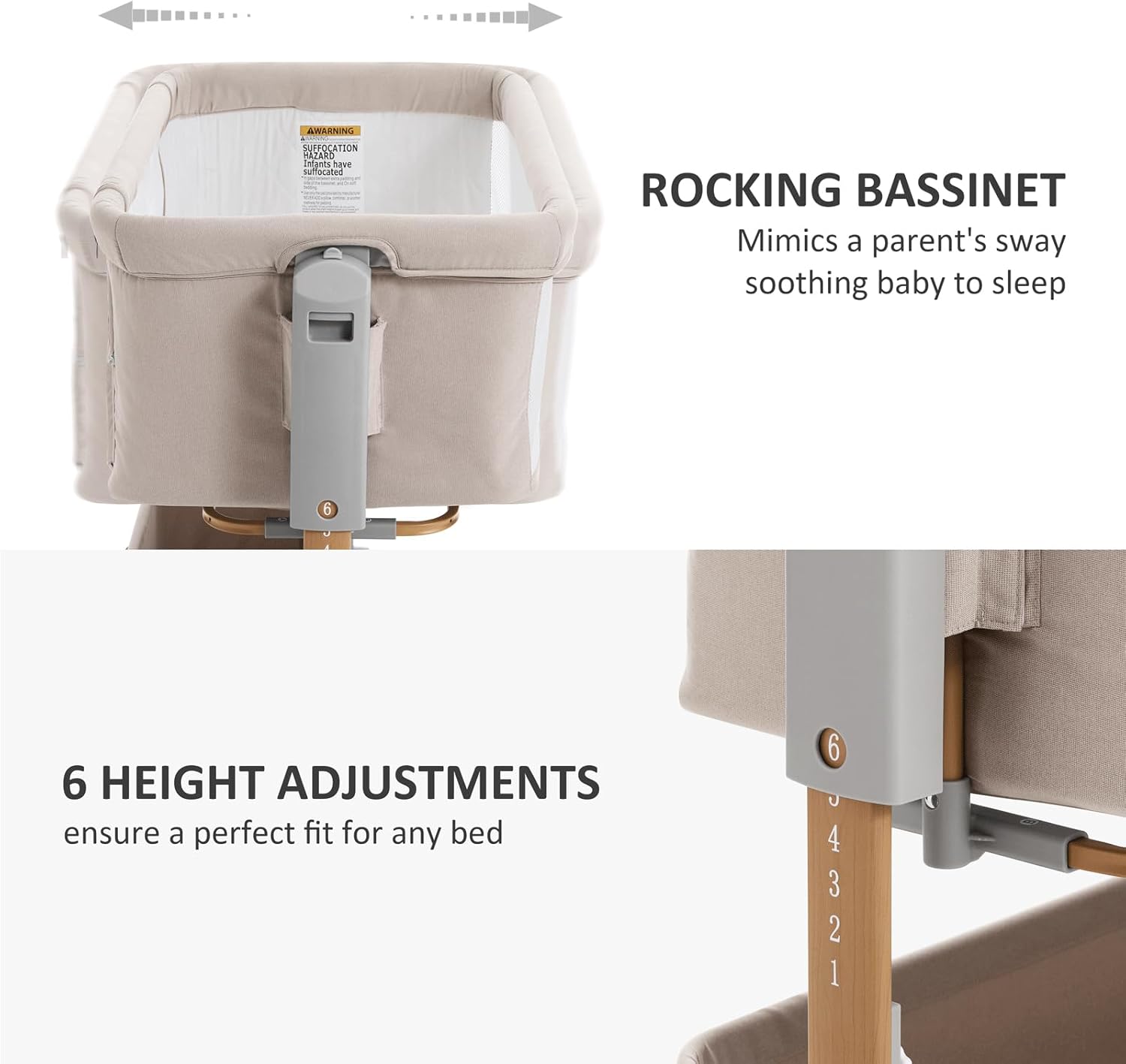 3 in 1 Baby Bassinet, Rocking Bassinet, Bedside Bassinet, 6-Height Adjustable, Bassinet Bedside Sleeper, Bedside Bassient for Baby with Comfy Mattress, Breathable Mesh, Large Storage Basket - Image 3