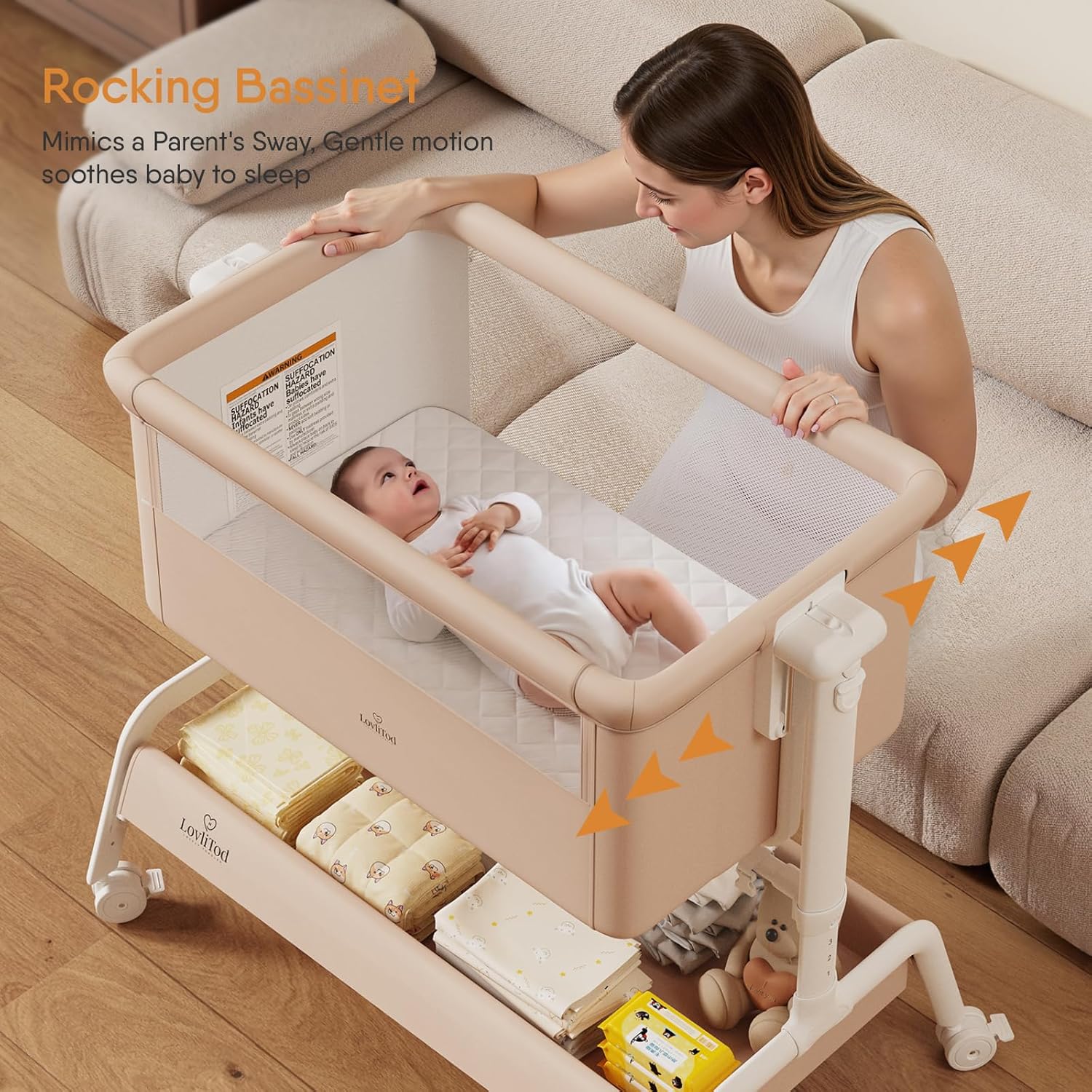 Alternative view of 3-in-1 Baby Bassinet, Rocking Bassinet, Bedside Bassinet for Baby, Stable and Secure Bassinet Bedside Sleeper for Newborn & Infant, 6 Height Adjustable with Wheels, Mattress & Breathable Mesh (Khaki) | Rocking bassinet, 6 Adjustable Heights, Comfy Mattress, Safety bassinet, Storage Basket