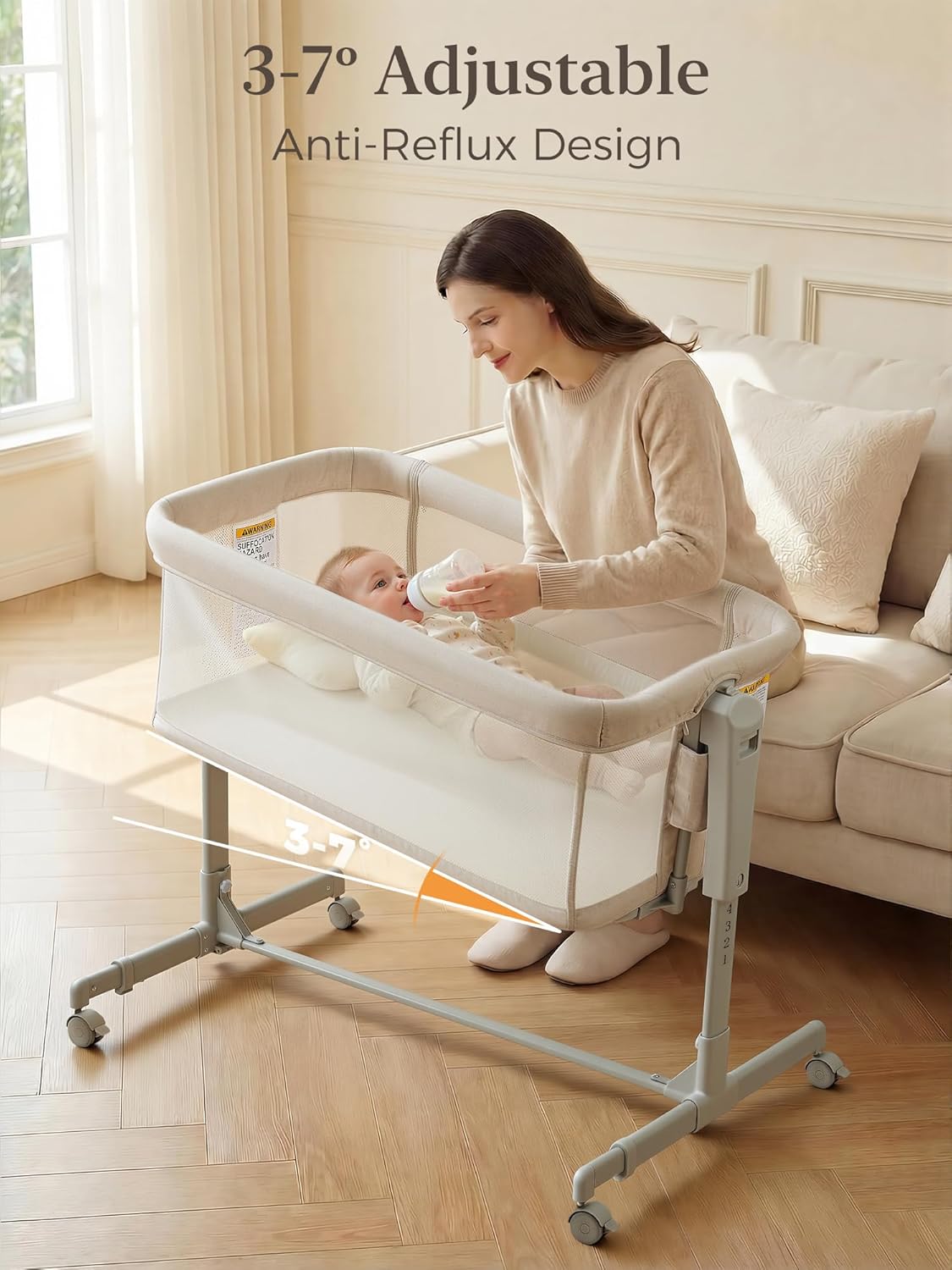 Alternative view of ONTHEWEI Baby Bassinet Bedside Sleeper 3-in-1, Easy Night Feeding with One-Side Fold & Rolling Wheels, Breathable Mesh, 6-Height Adjustable, Soft Mattress for Newborns