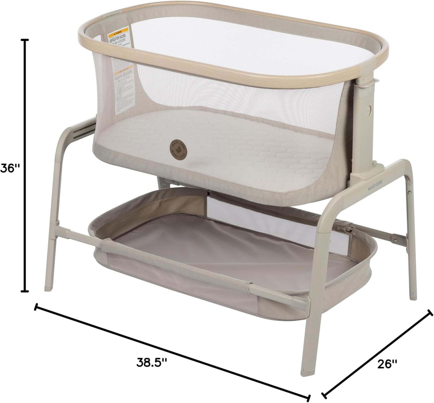 Maxi-Cosi Iora Baby Bassinets Bedside Sleeper, Portable Bassinet, Infant Bedside Sleeper Crib, Height Adjustable, Breathable Mesh, Large Storage Basket, Classic Oat