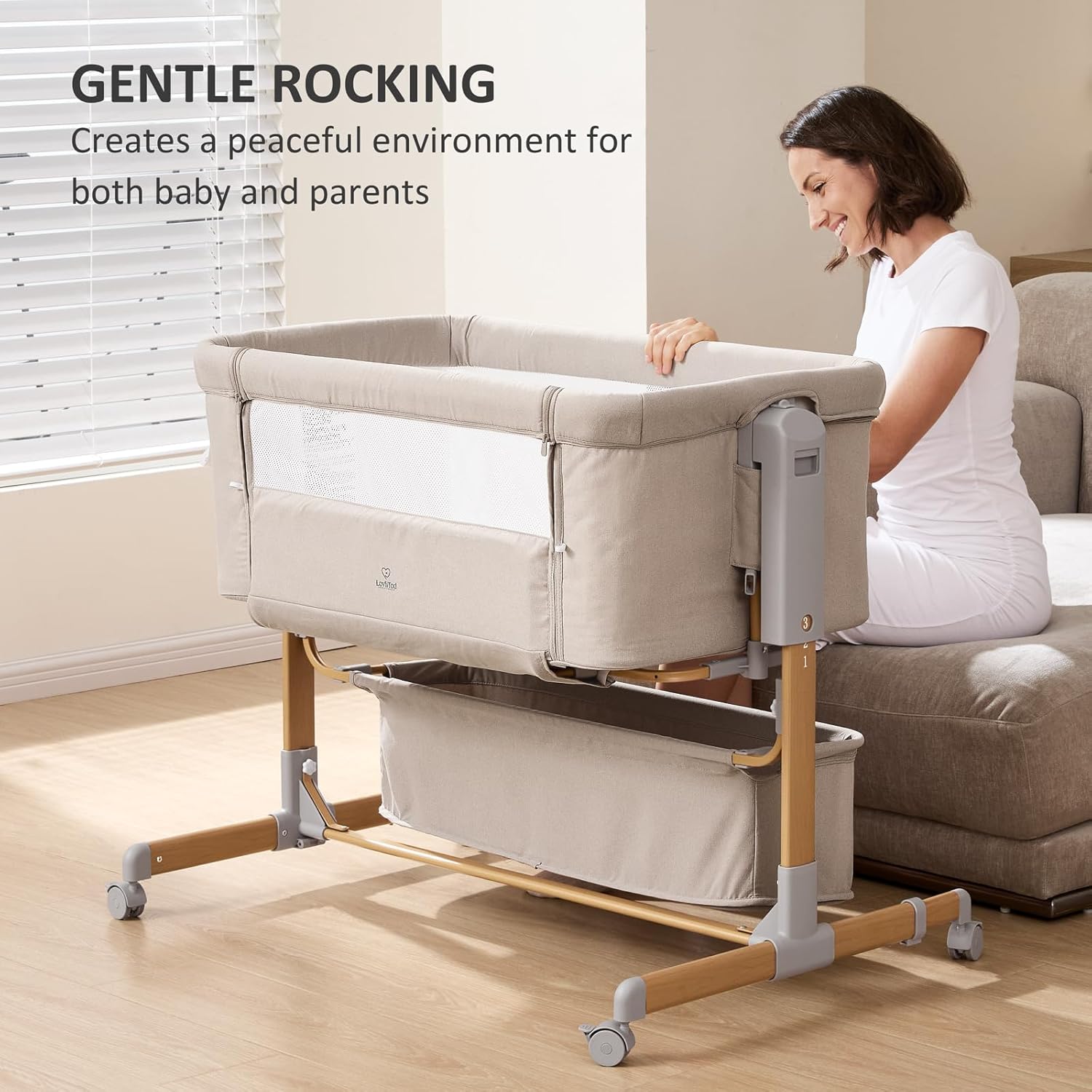 3 in 1 Baby Bassinet, Rocking Bassinet, Bedside Bassinet, 6-Height Adjustable, Bassinet Bedside Sleeper, Bedside Bassient for Baby with Comfy Mattress, Breathable Mesh, Large Storage Basket - Image 6