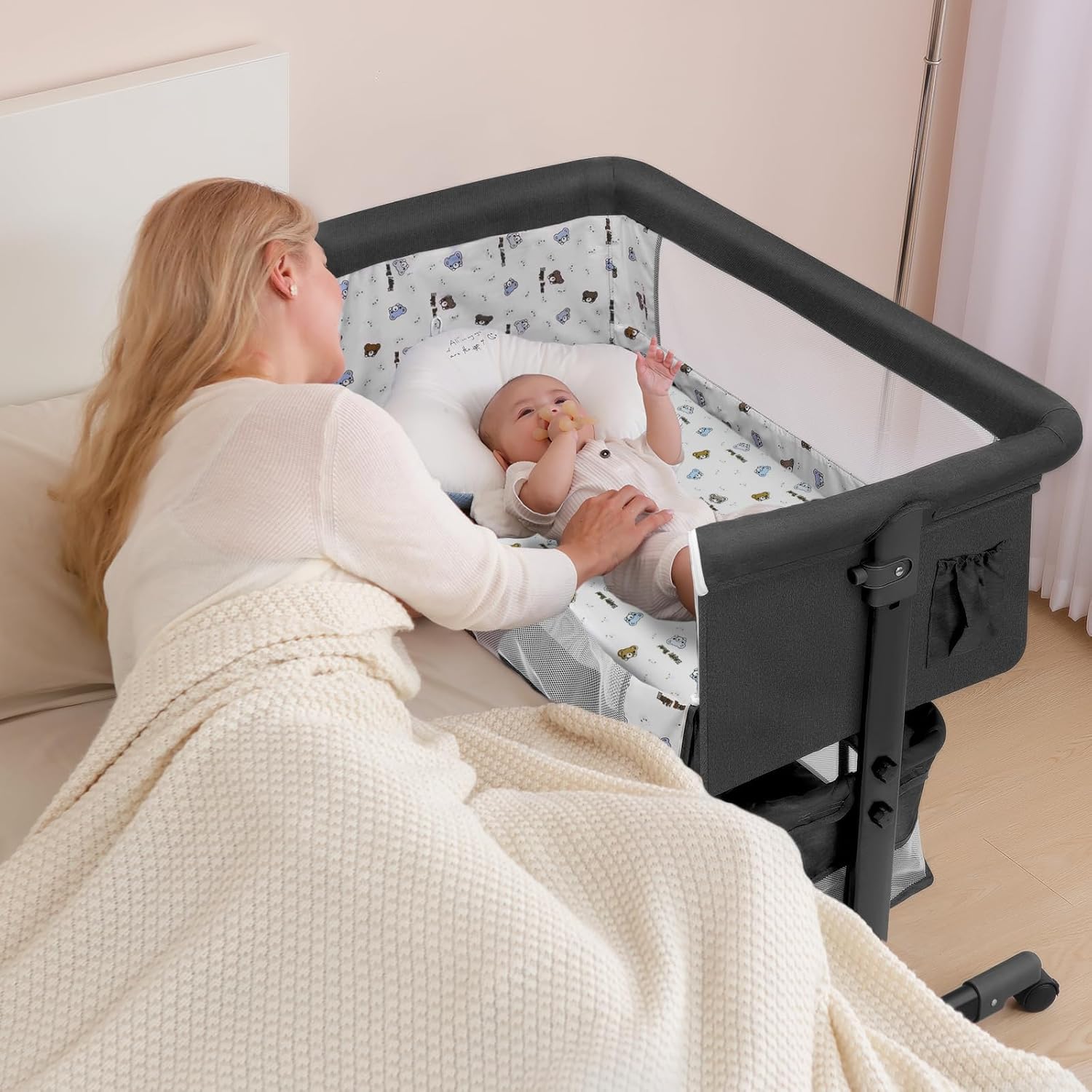 YADAQE Baby Cradle, Freestanding Bedside Bassinet, 3-in-1 Convertible Bassinet with 360° Swivel Wheels, 2026 New Model Adjustable, Easy-Fold Portable Neutral Baby Newborn Bassinet (Dark Gray)