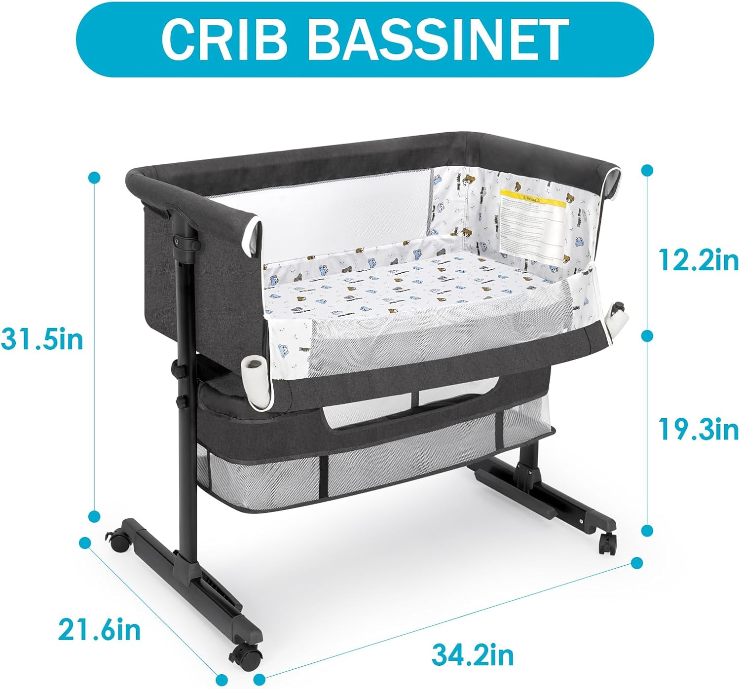 Alternative view of YADAQE Baby Cradle, Freestanding Bedside Bassinet, 3-in-1 Convertible Bassinet with 360° Swivel Wheels, 2026 New Model Adjustable, Easy-Fold Portable Neutral Baby Newborn Bassinet (Dark Gray)