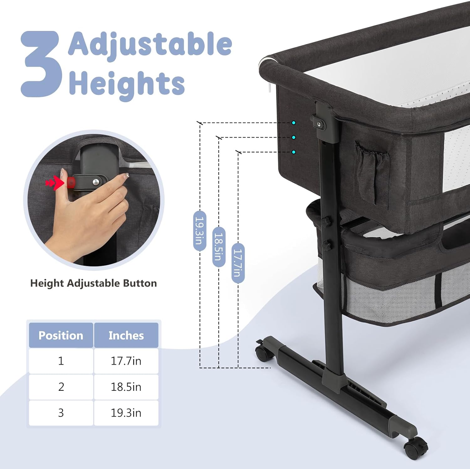 Baby Bassinet, 3 in 1 Bedside Bassinets for Baby, Bassinet Bedside Sleeper with Wheels, Adjustable Height with Rocking Mode, Breathable Mesh, Storage Basket, Easy Assemble & Folding (Dark Gray)