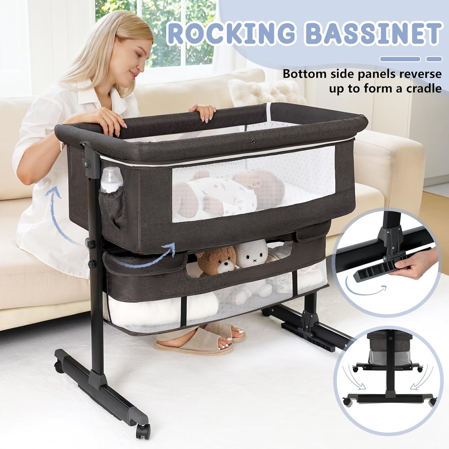 Alternative view of Baby Bassinet, 3 in 1 Bedside Bassinets for Baby, Bassinet Bedside Sleeper with Wheels, Adjustable Height with Rocking Mode, Breathable Mesh, Storage Basket, Easy Assemble & Folding (Dark Gray)