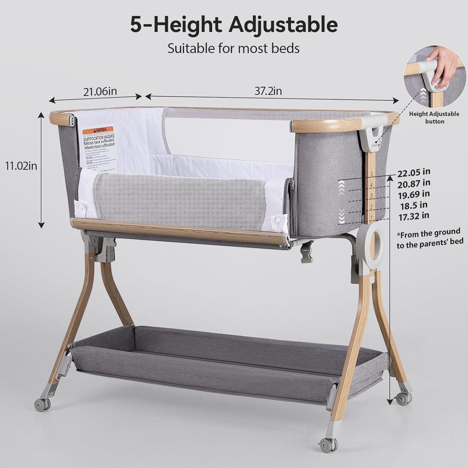 Larex Baby Bassinet Bedside Sleeper Crib Co Sleeper for Newborn Infant Toddler with Mosquito Net, Storage Bag & Basket, 5-Height Adjustable, Movable Wheels, Breathable Mattress & Mesh(Dark Gray)