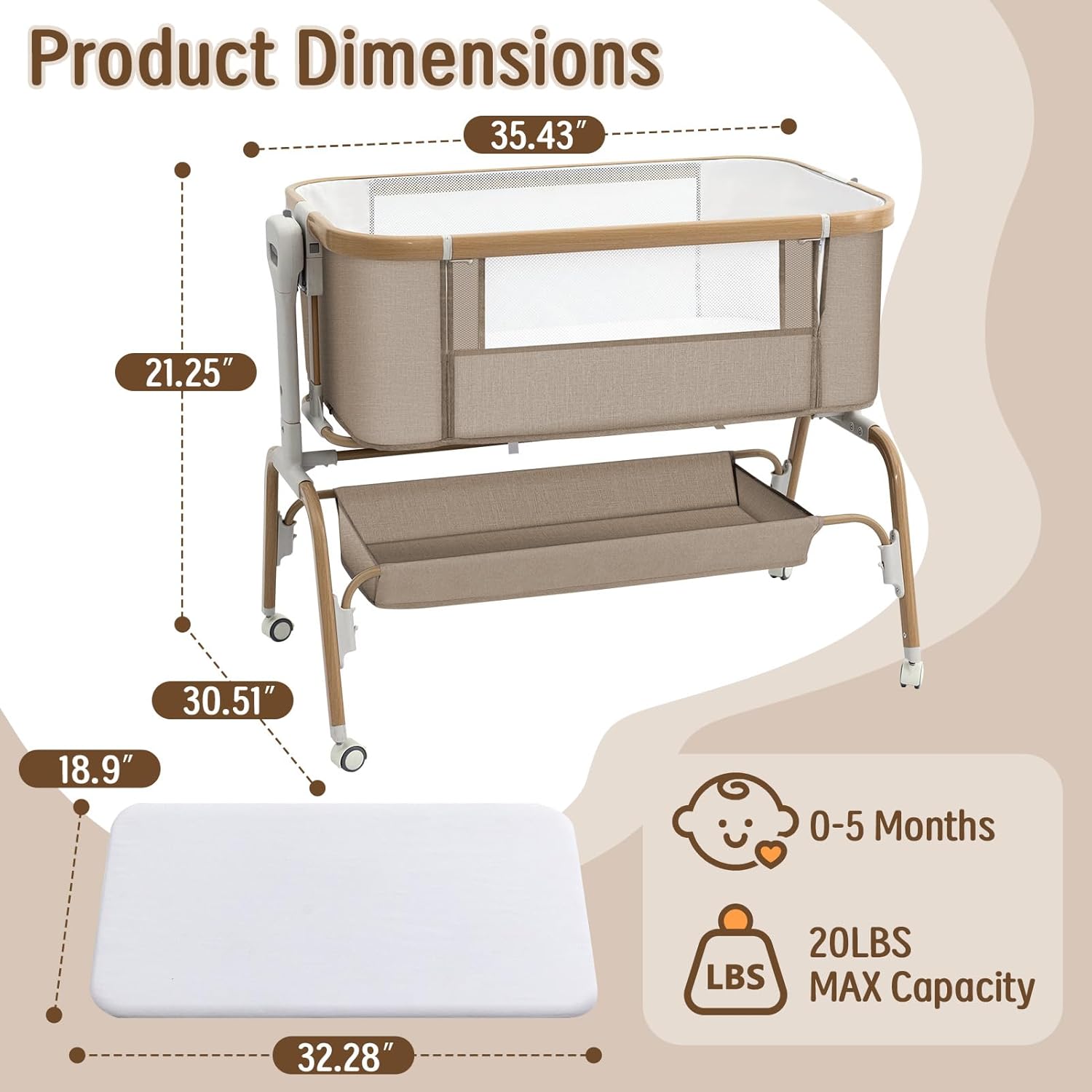 Mariserenity Rocking Baby Bassinet Bedside Sleeper, Detachable Portable Bassinet & Adjustable Crib with 8 Heights, Breathable Mesh, Storage Basket & Mobile Toy for Newborns to Toddlers(Oatmeal)