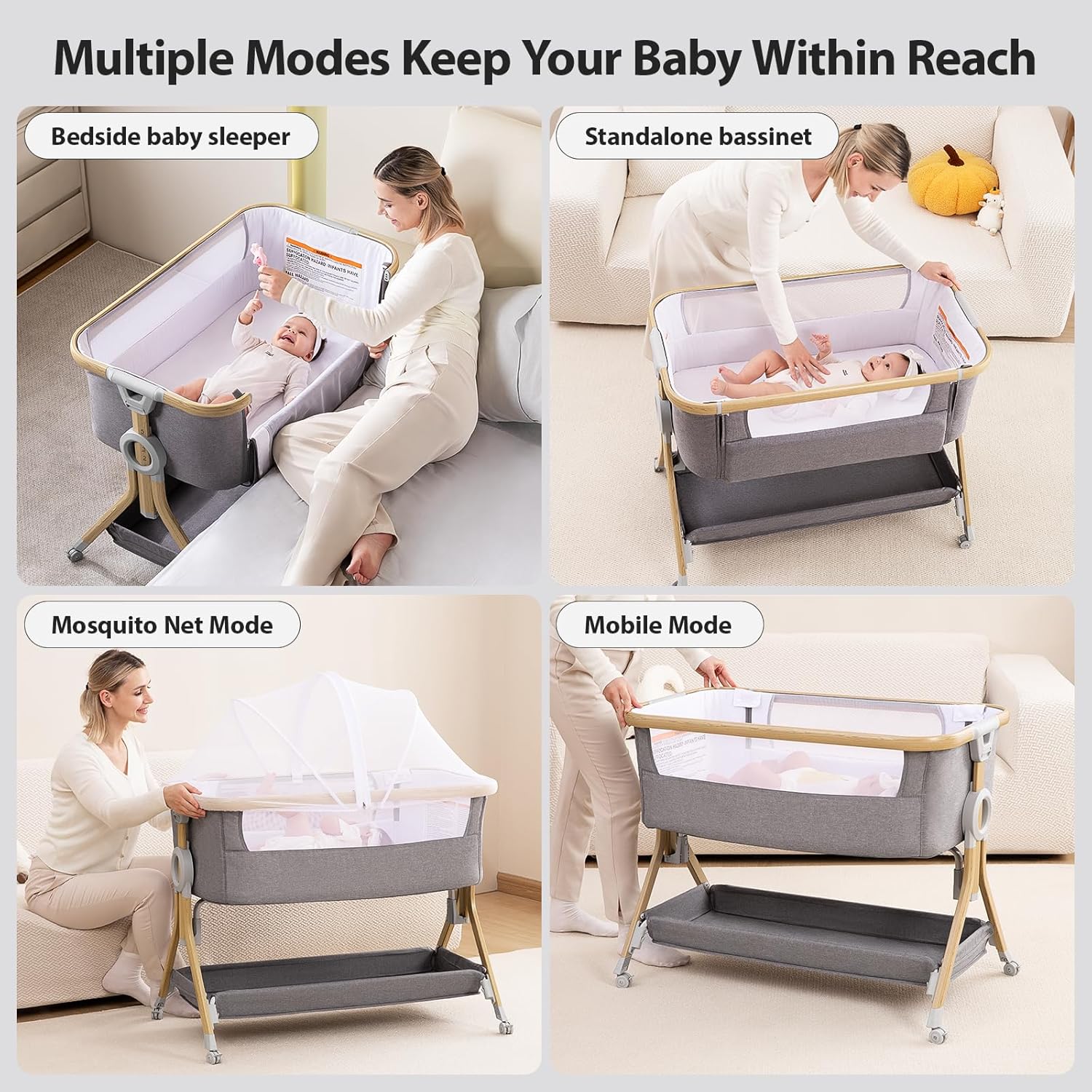 Alternative view of Larex Baby Bassinet Bedside Sleeper Crib Co Sleeper for Newborn Infant Toddler with Mosquito Net, Storage Bag & Basket, 5-Height Adjustable, Movable Wheels, Breathable Mattress & Mesh(Dark Gray)