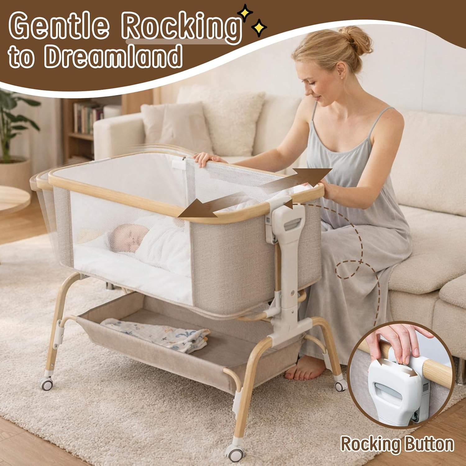 Alternative view of Mariserenity Rocking Baby Bassinet Bedside Sleeper, Detachable Portable Bassinet & Adjustable Crib with 8 Heights, Breathable Mesh, Storage Basket & Mobile Toy for Newborns to Toddlers(Oatmeal)