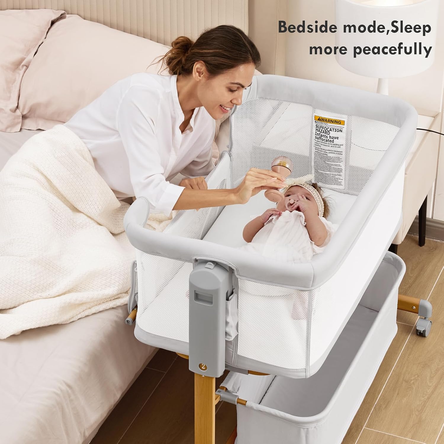 Alternative view of Baby Bassinet Bedside Sleeper, 3-in-1 Rocking Bassinet for Baby with 6-Level Height Adjustable, 4 Wheels & Breathable Mesh Walls, Portable Bedside Bassinet with Mattress for Newborn