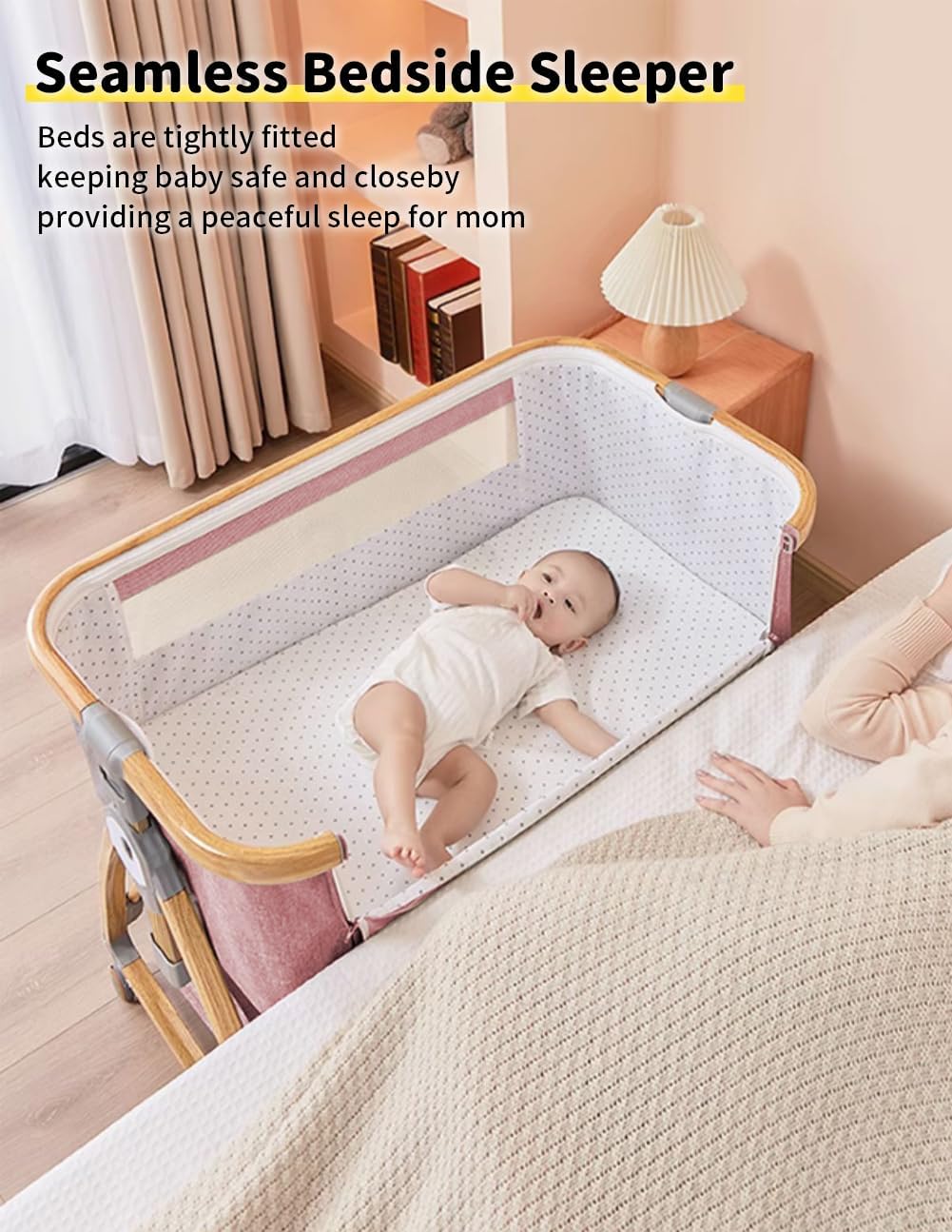 Baby Bassinet, Bedside Bassinet for Baby, 4 in 1 Portable Bassinet Bedside Sleeper with Wheels Mosquito Net & Storage Basket, 6 Height Adjustable Rocking Bassinet for Newborn Baby