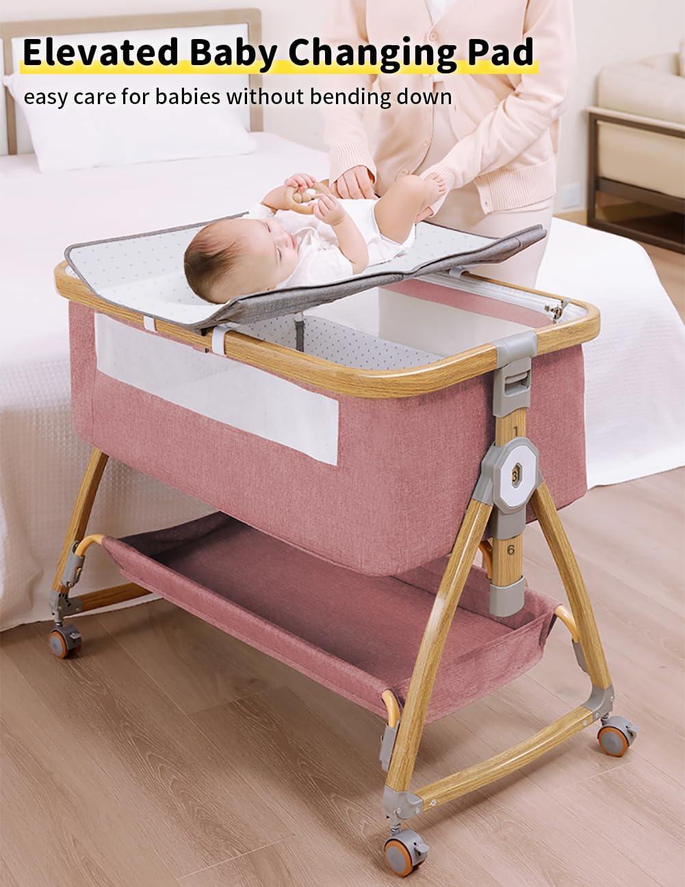 Alternative view of Baby Bassinet, Bedside Bassinet for Baby, 4 in 1 Portable Bassinet Bedside Sleeper with Wheels Mosquito Net & Storage Basket, 6 Height Adjustable Rocking Bassinet for Newborn Baby