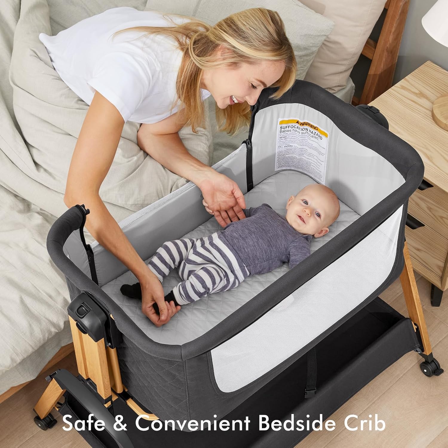 Alternative view of TotRun Bassinet Bedside Sleeper, Rocking Bassinets with Comfy Mattress and Wheels for Newborn, 5-Height Adjustable (Black)