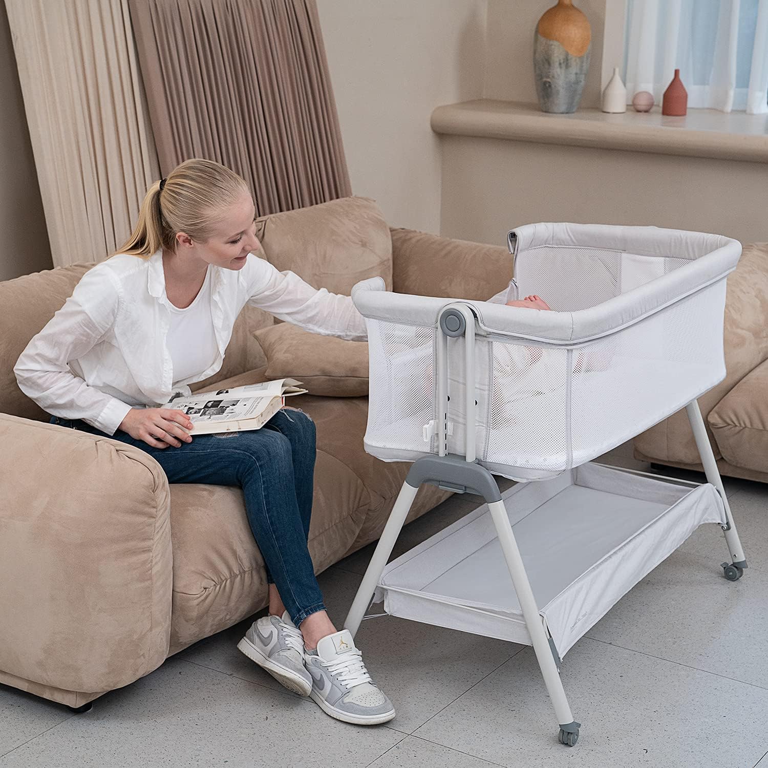 ANGELBLISS Baby Bassinet Bedside Sleeper, Easy Folding Portable Bassinet for Baby with Wheels, Adjustable Height, Included Mattress (Beige) - Image 3