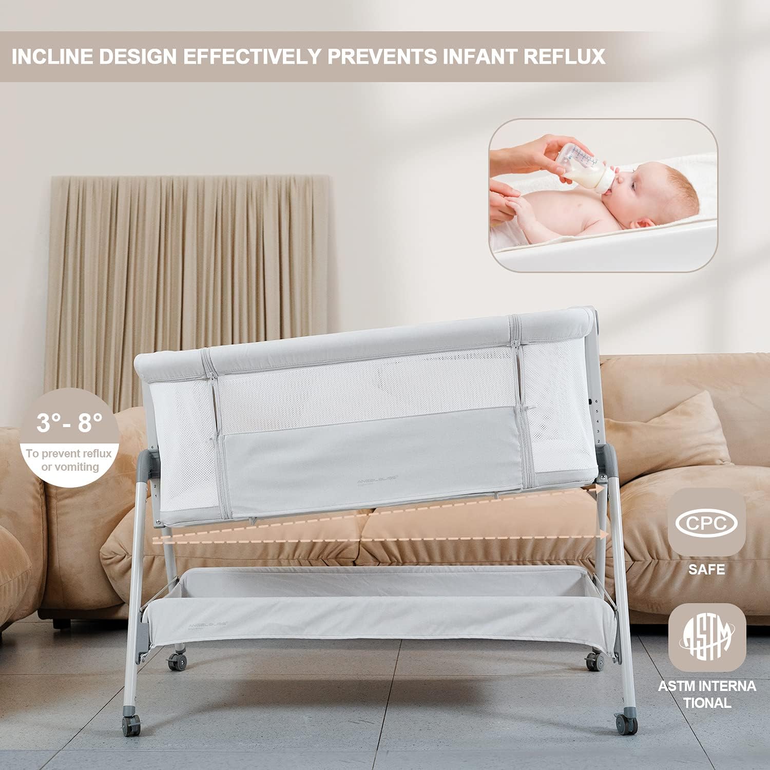 ANGELBLISS Baby Bassinet Bedside Sleeper, Easy Folding Portable Bassinet for Baby with Wheels, Adjustable Height, Included Mattress (Beige) - Image 4
