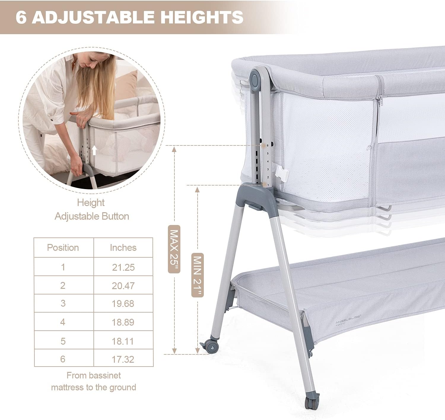 ANGELBLISS Baby Bassinet Bedside Sleeper, Easy Folding Portable Bassinet for Baby with Wheels, Adjustable Height, Included Mattress (Beige) - Image 5