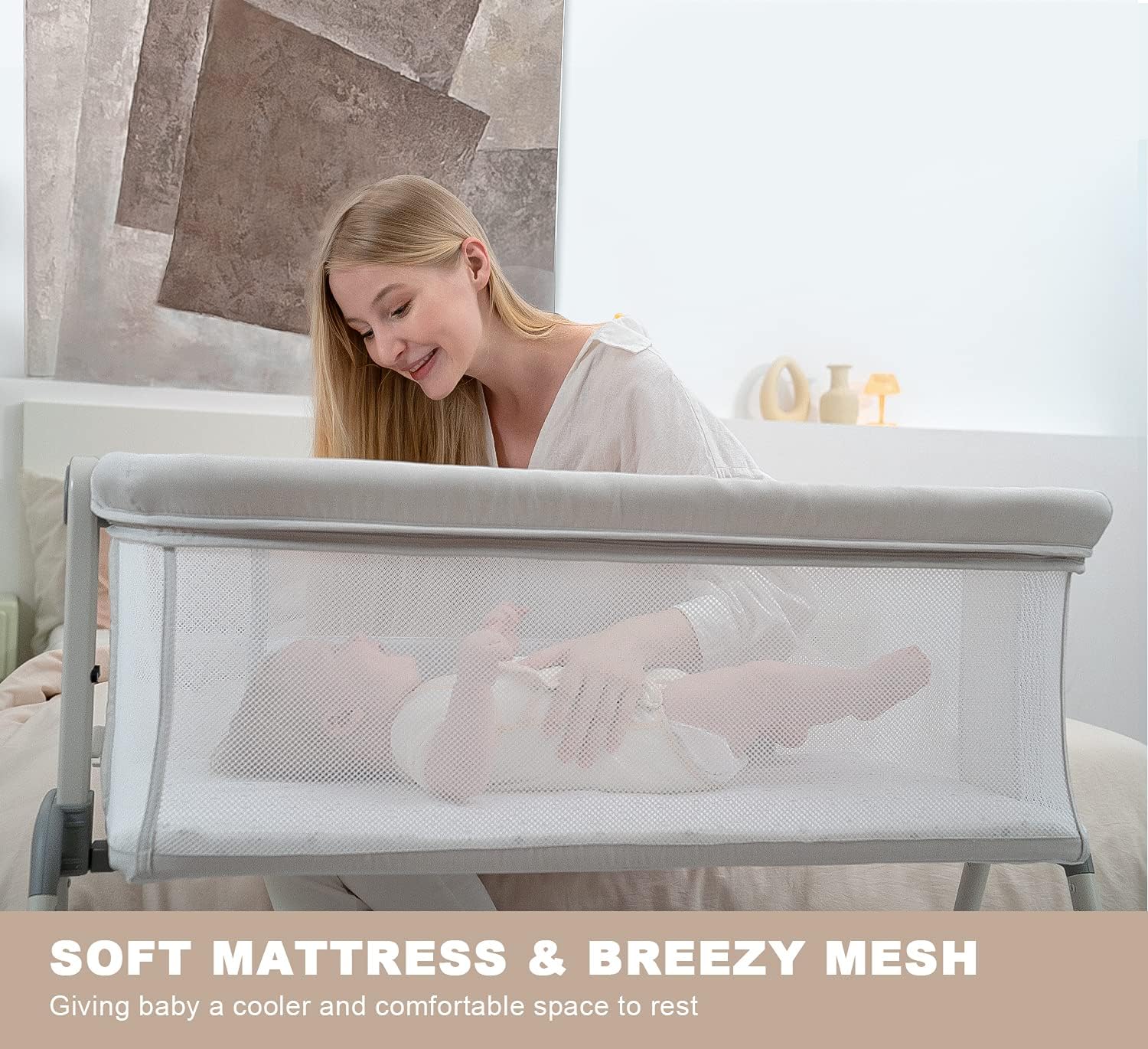 ANGELBLISS Baby Bassinet Bedside Sleeper, Easy Folding Portable Bassinet for Baby with Wheels, Adjustable Height, Included Mattress (Beige) - Image 6