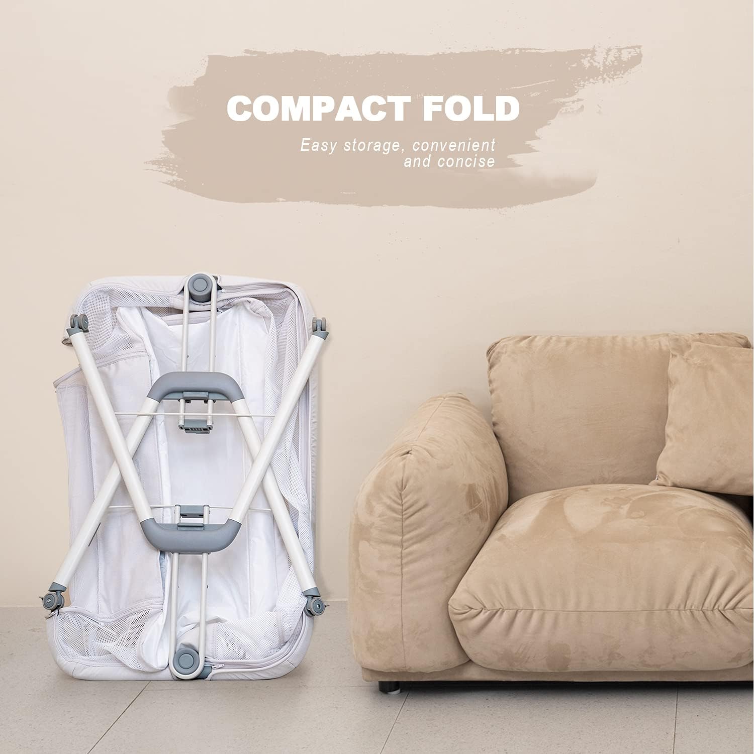 ANGELBLISS Baby Bassinet Bedside Sleeper, Easy Folding Portable Bassinet for Baby with Wheels, Adjustable Height, Included Mattress (Beige) - Image 7