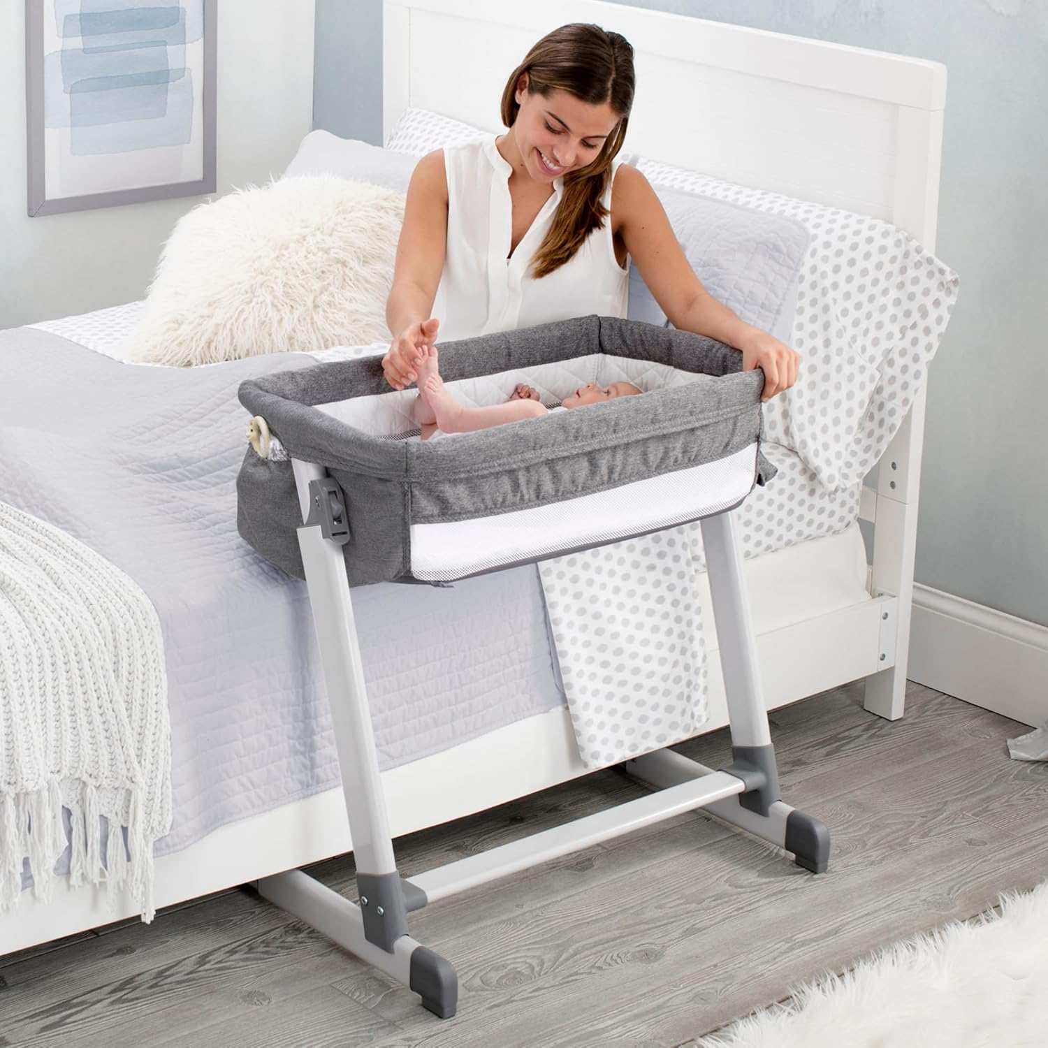 Simmons Kids By The Bed City Sleeper Bassinet - Adjustable Height Portable Crib with Wheels & Airflow Mesh, Grey Tweed