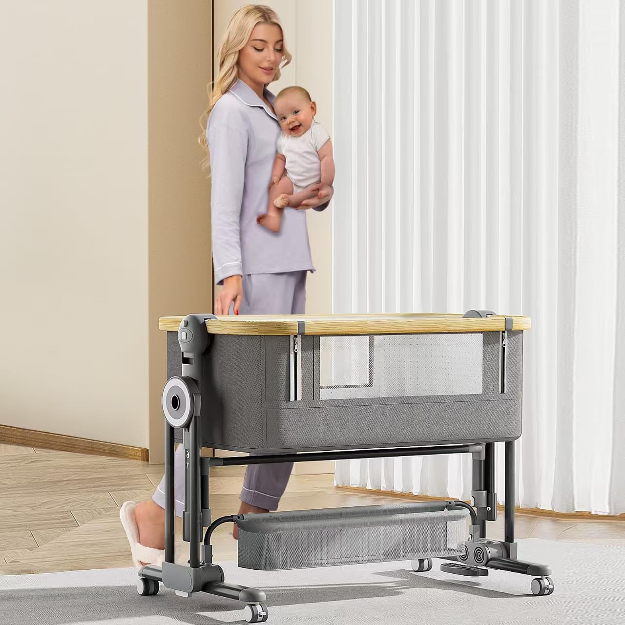 Cawesor 4 in 1Baby Bassinet,Bedside Bassinet for Baby, Rocking Bassinet with Comfy Mattress and Wheels, 7 Height Adjustable Easy Folding Portable Bedside Crib for Newborn