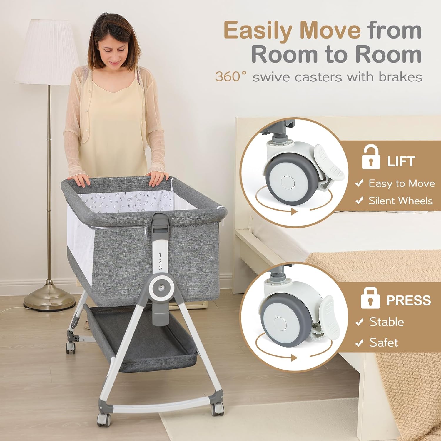OHFLY Baby Bassinet, Bedside Bassinet for Baby, 4 in 1 Bassinet Bedside Sleeper with Locked Wheels, Mosquito Net, Adjustable Easy Folding Portable Crib for Infant Newborn, Grey