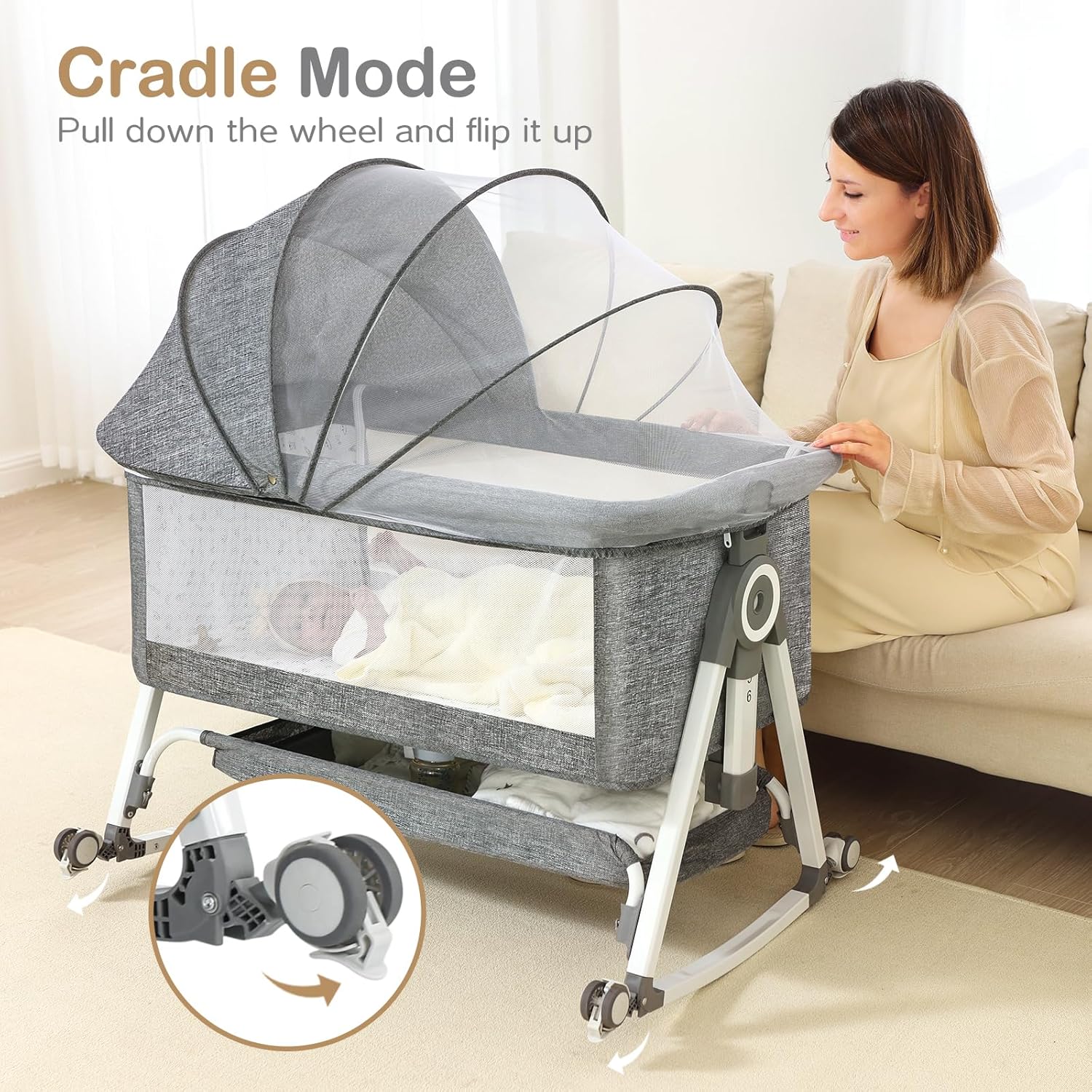Alternative view of OHFLY Baby Bassinet, Bedside Bassinet for Baby, 4 in 1 Bassinet Bedside Sleeper with Locked Wheels, Mosquito Net, Adjustable Easy Folding Portable Crib for Infant Newborn, Grey