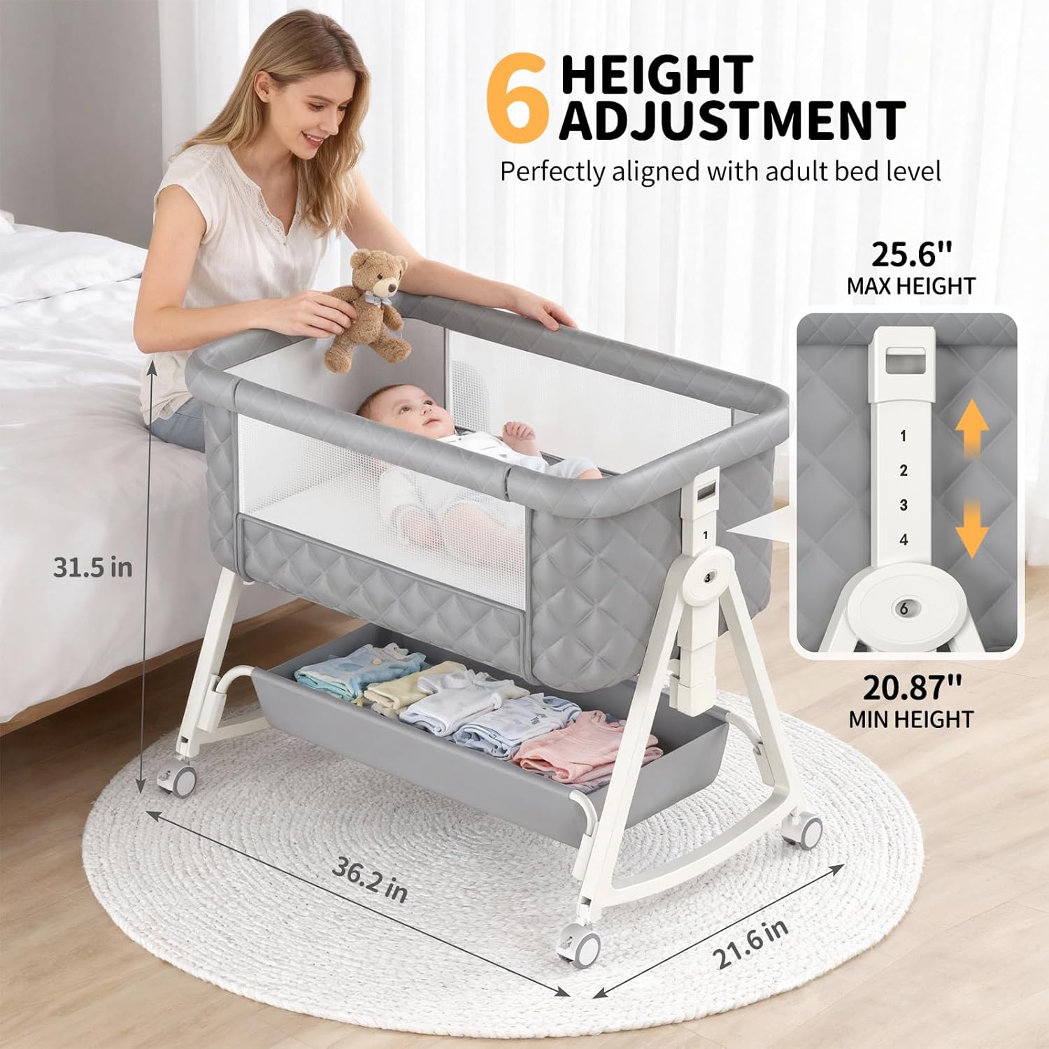 Baby Bassinet,5 in 1 Bassinet Bedside Sleeper, 6-Level Height Adjustment,Safe and Stable Portable Crib,Breathable net, Storage Basket, Mosquito net, Baby Crib for Newborn(Grey)