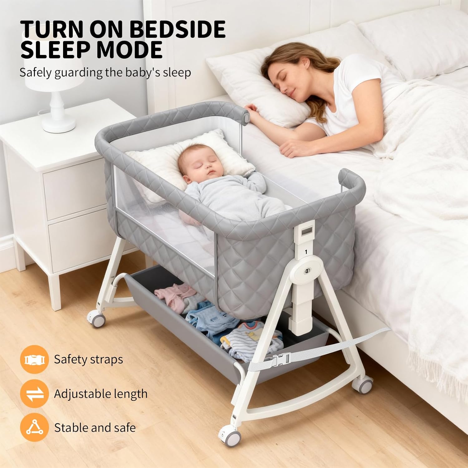 Alternative view of Baby Bassinet,5 in 1 Bassinet Bedside Sleeper, 6-Level Height Adjustment,Safe and Stable Portable Crib,Breathable net, Storage Basket, Mosquito net, Baby Crib for Newborn(Grey)