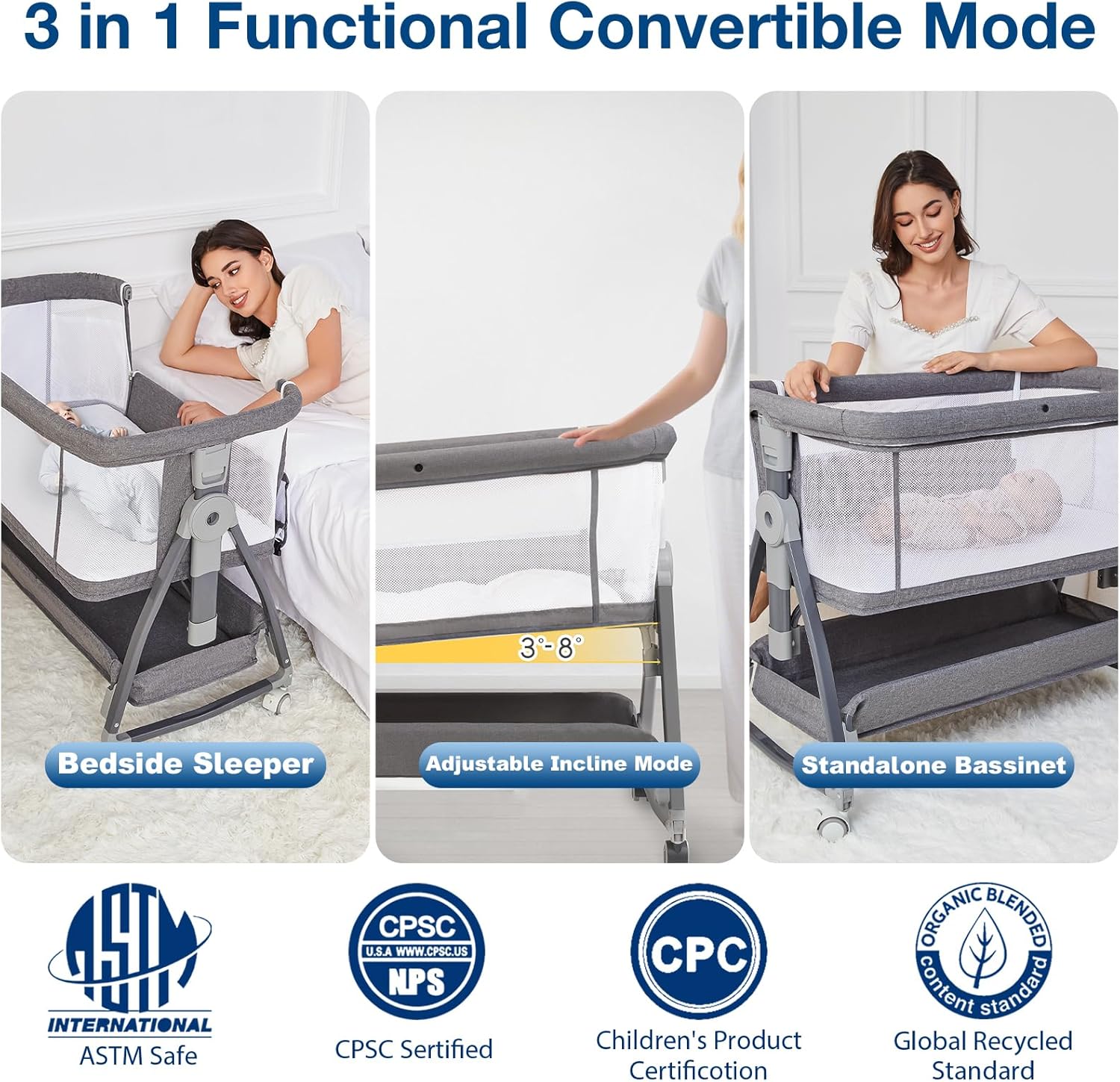 Jixrolyn 3 in 1 Baby Bassinet Bedside Sleeper, Height Adjustable Bedside Bassinet for Newborn and Infant with Mattress, Storage Basket, and Wheels (Grey)