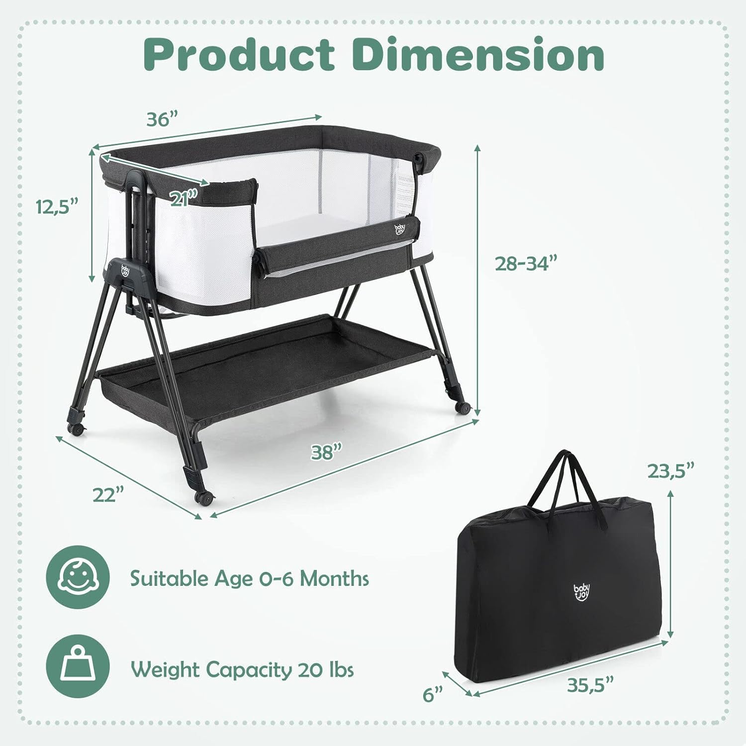 Alternative view of BABY JOY Bassinet Bedside Sleeper, Easy Folding Crib w/All-Side Mesh, Storage Shelf, 7 Adjustable Heights, Mattress & Travel Bag for Safe Co-Sleeping, Portable Bed for Newborn Infant -Black