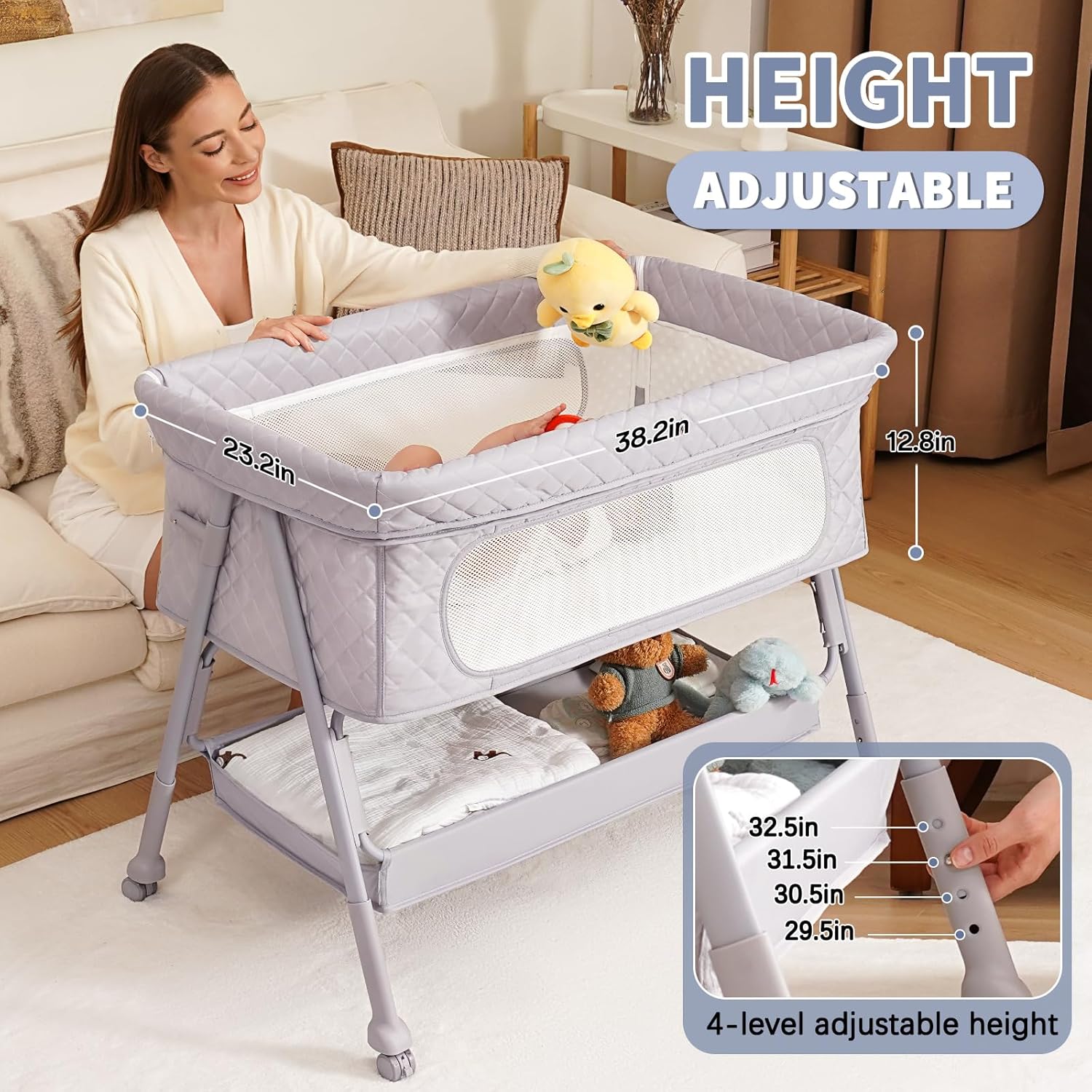 Bassinet Bedside Sleeper, Adjustable Height Baby Bassinet with Wheels, Easy Assemble & Folding bedside bassinet for baby with Comfy Mattress, Breathable Mesh Bedside Crib for Infant Newborn (Grey)