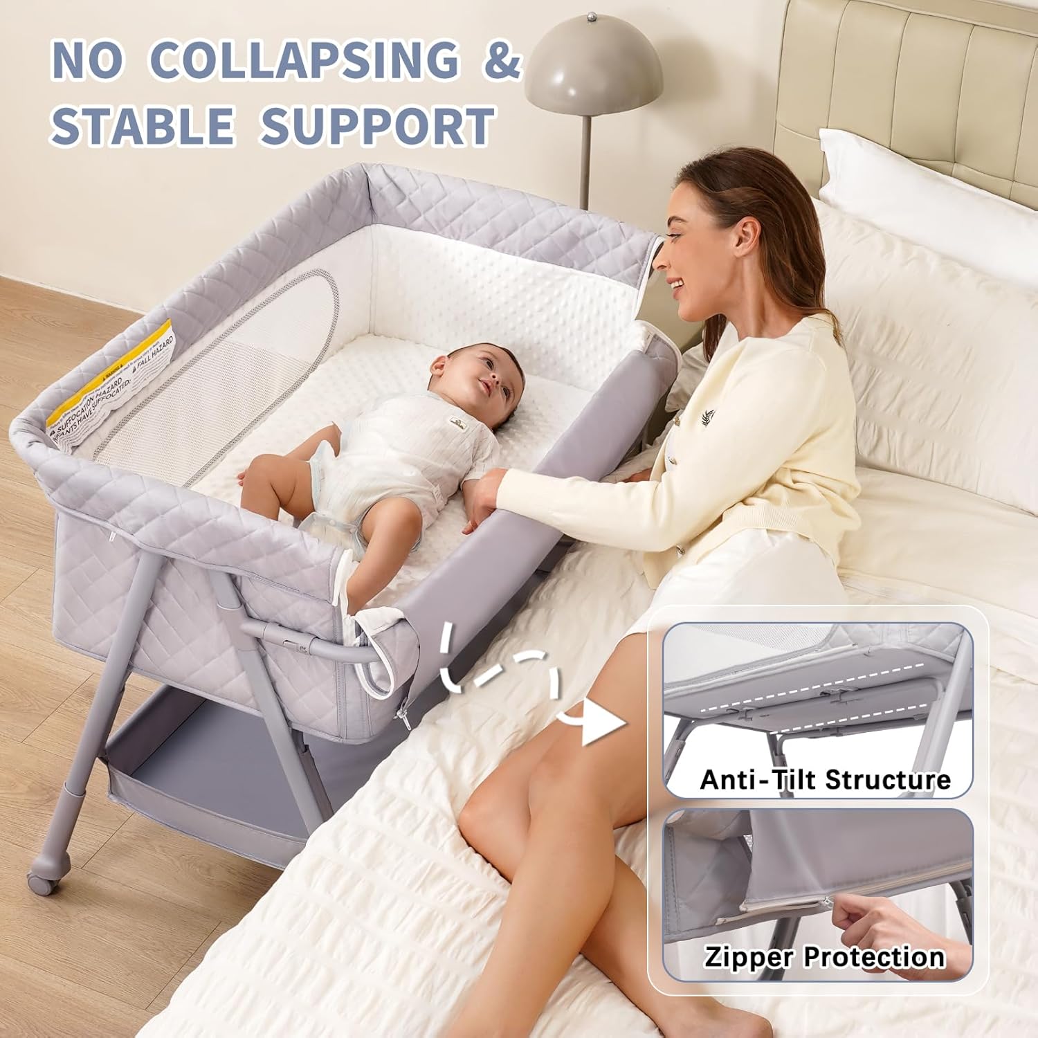 Alternative view of Bassinet Bedside Sleeper, Adjustable Height Baby Bassinet with Wheels, Easy Assemble & Folding bedside bassinet for baby with Comfy Mattress, Breathable Mesh Bedside Crib for Infant Newborn (Grey)